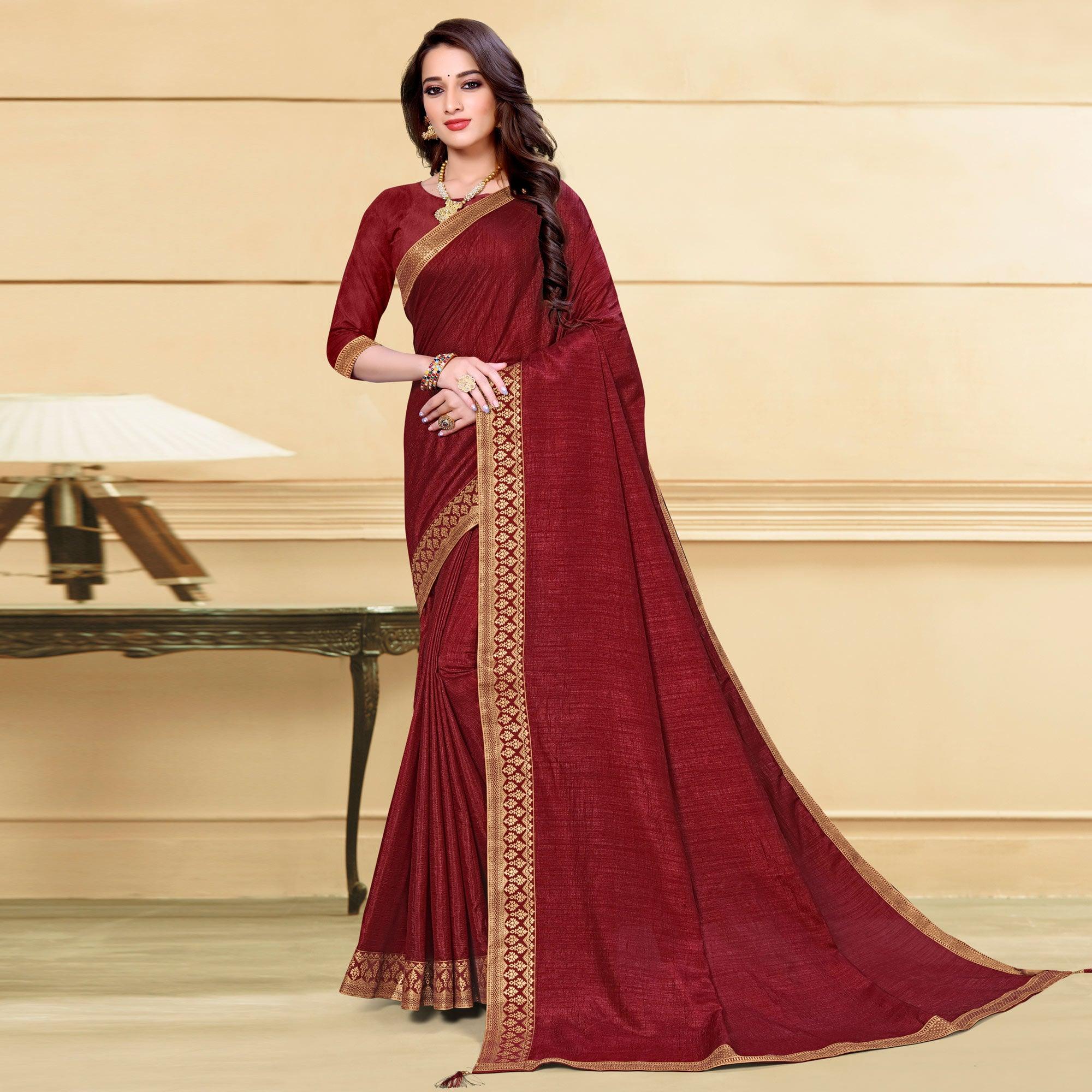 Maroon Solid Vichitra Silk Saree - Peachmode