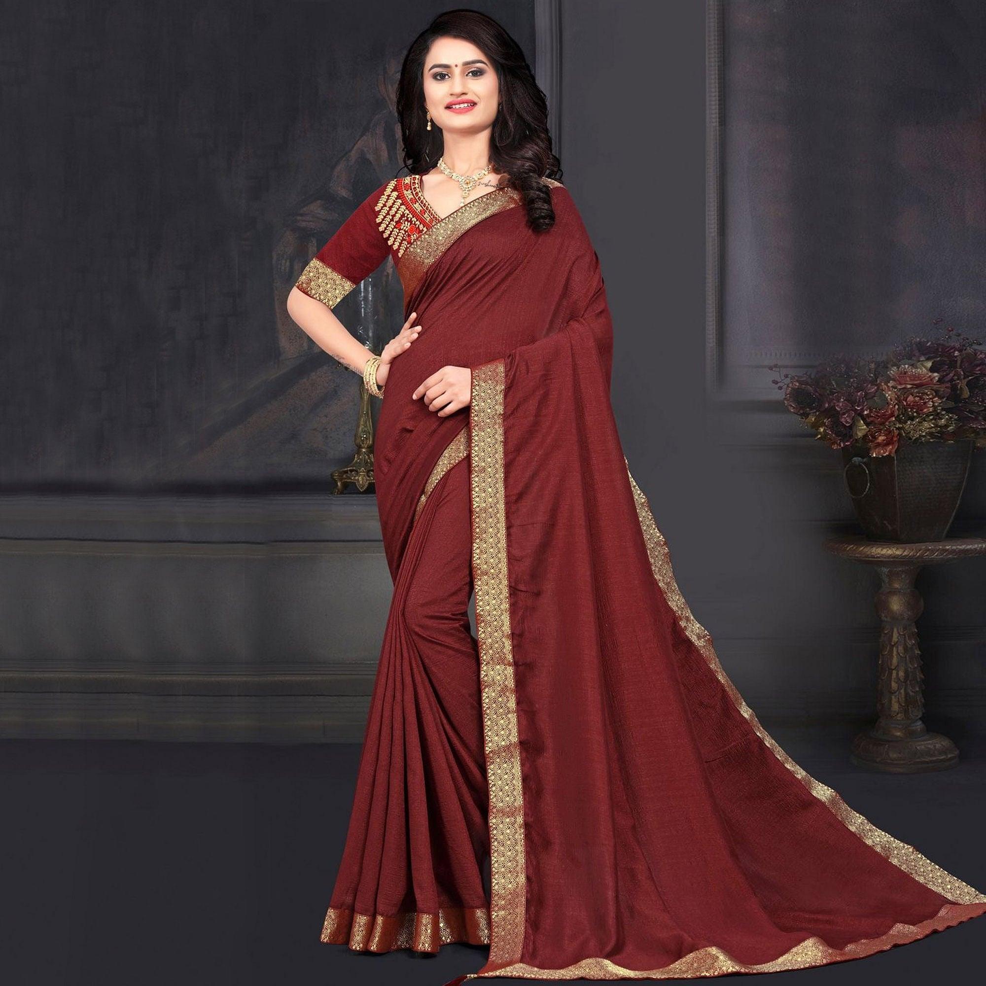 Maroon Solid Vichitra Silk Saree - Peachmode