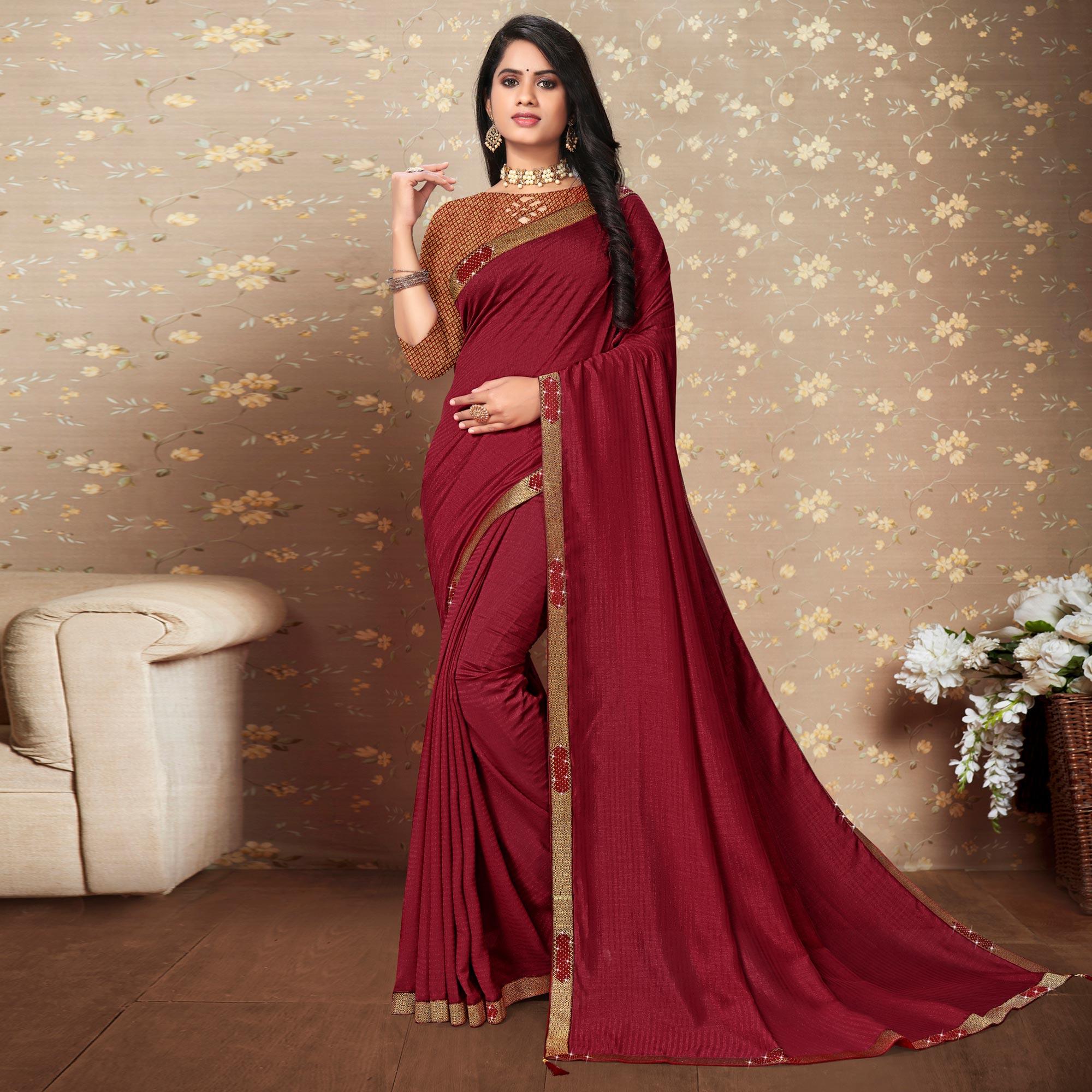 Maroon Solid Vichitra Silk Saree - Peachmode