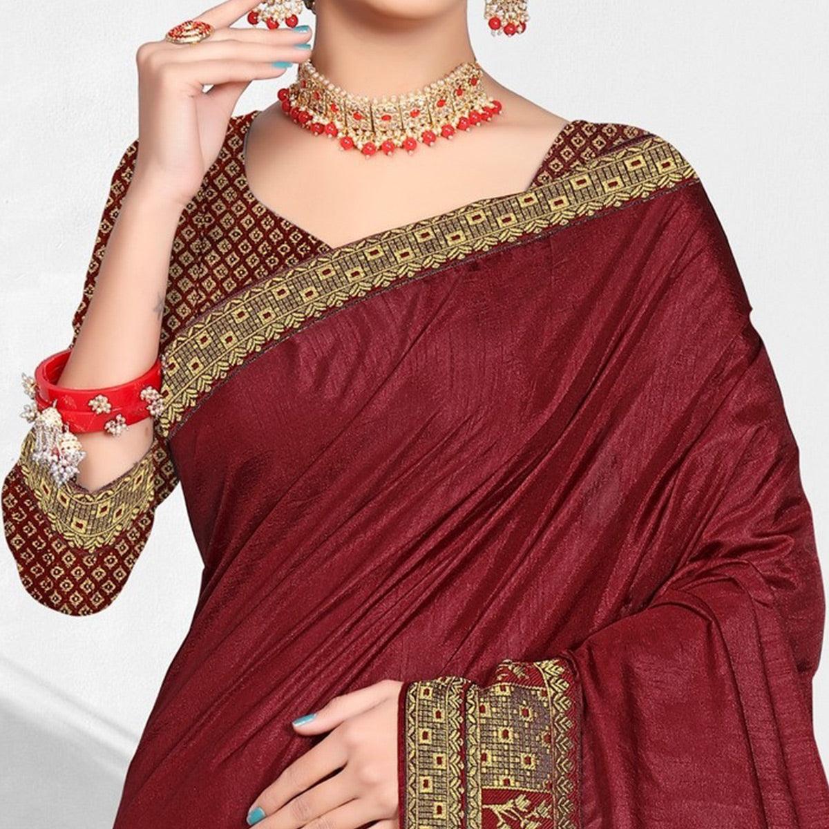 Maroon Solid Vichitra Silk Saree - Peachmode