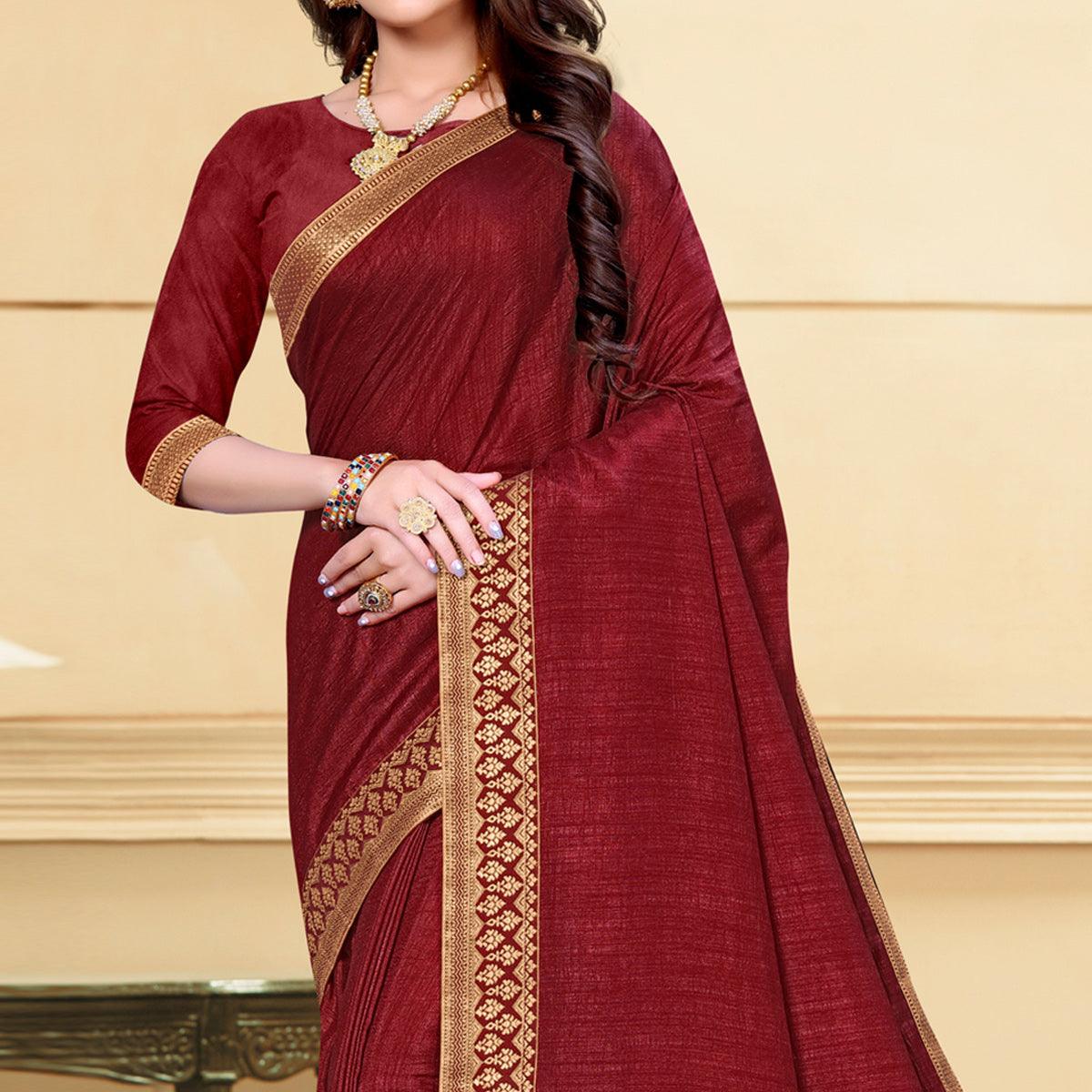Maroon Solid Vichitra Silk Saree - Peachmode