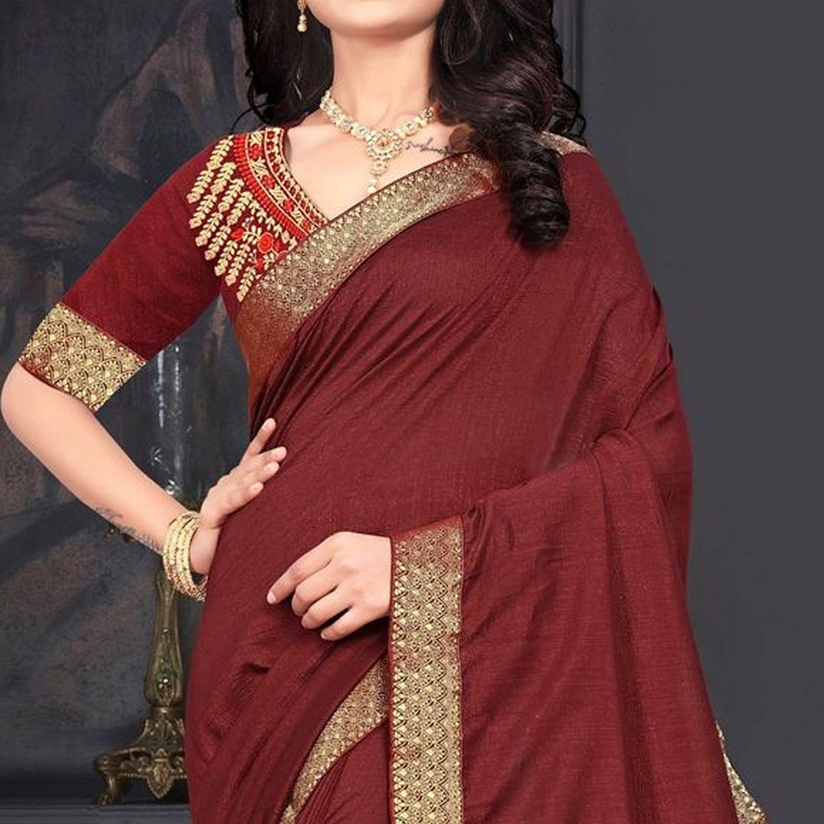 Maroon Solid Vichitra Silk Saree - Peachmode