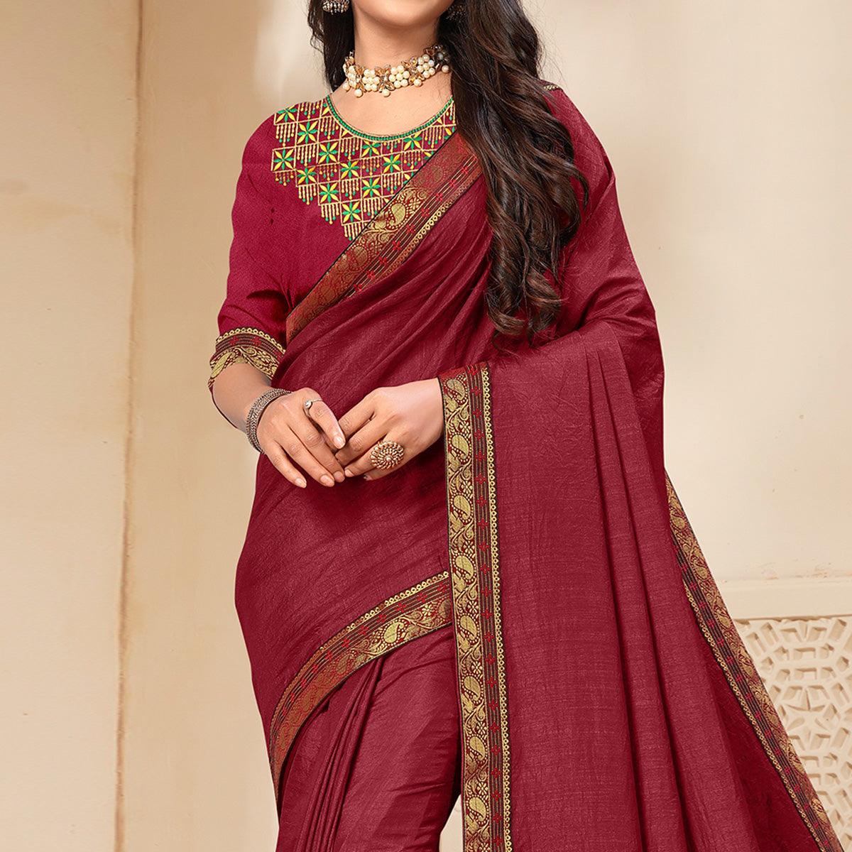 Maroon Solid Vichitra Silk Saree - Peachmode