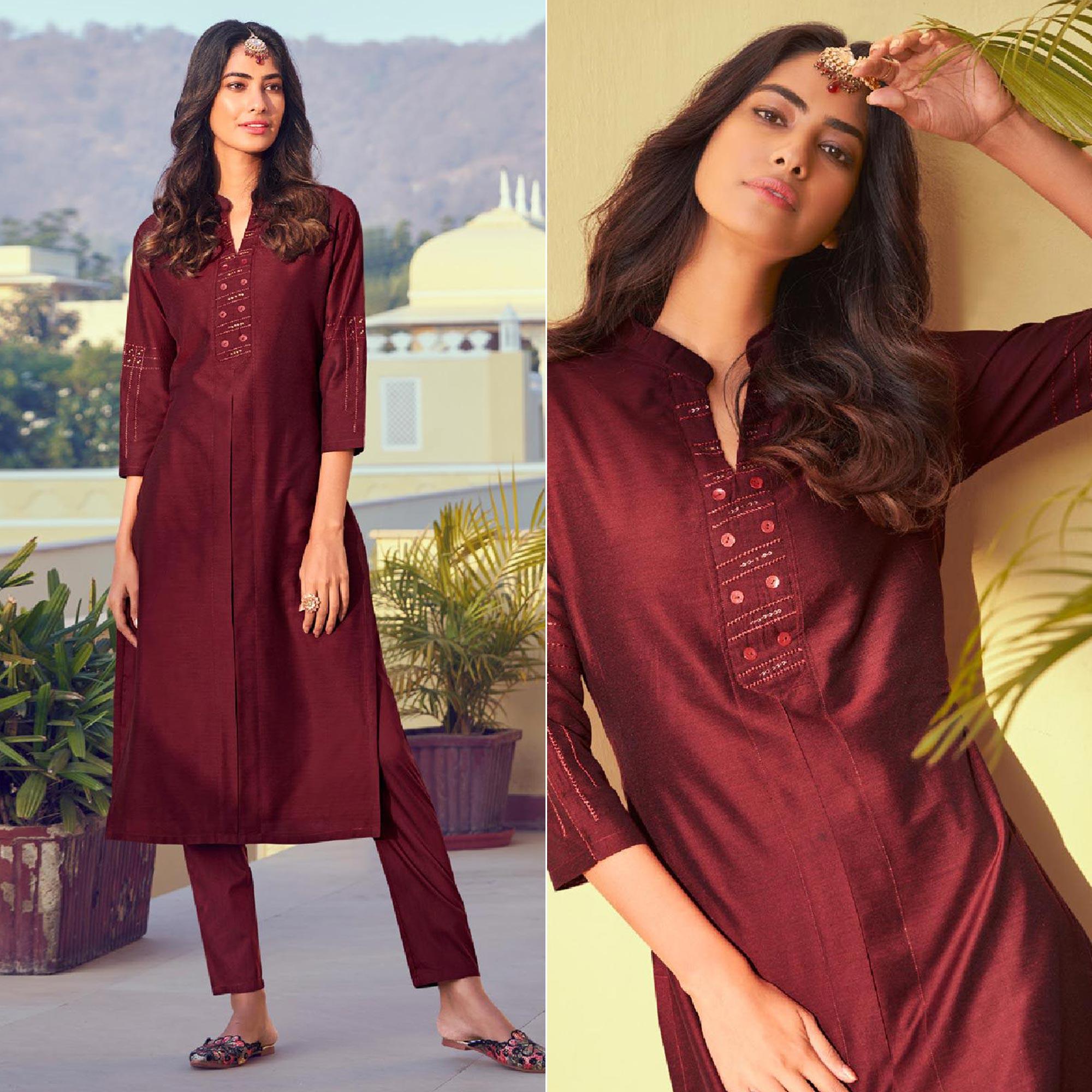 Maroon Solid Viscose Kurti Pant Set - Peachmode