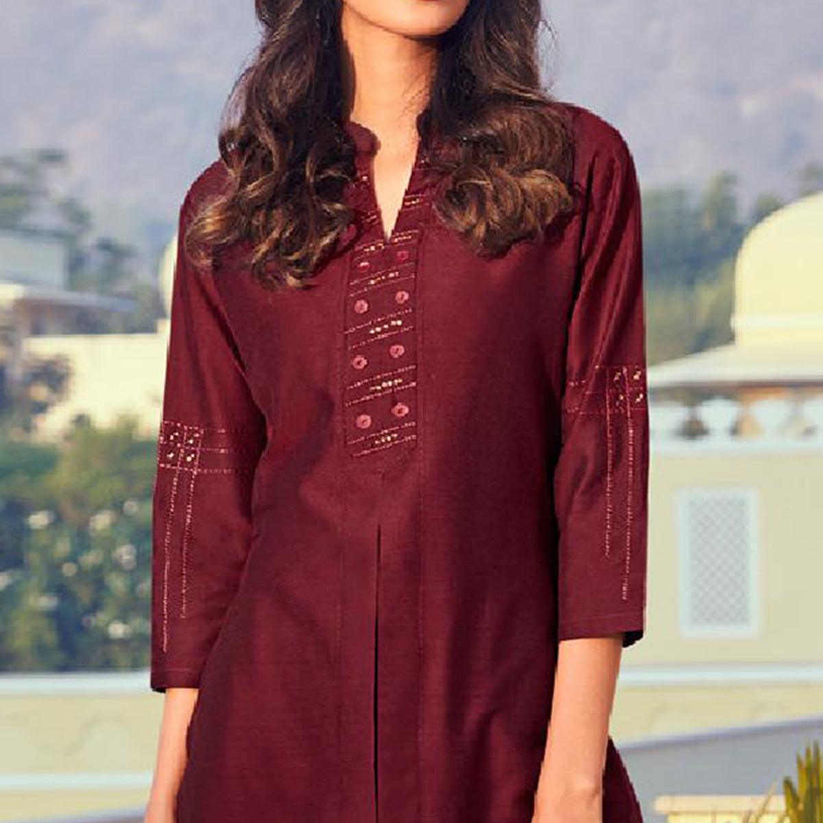 Maroon Solid Viscose Kurti Pant Set - Peachmode