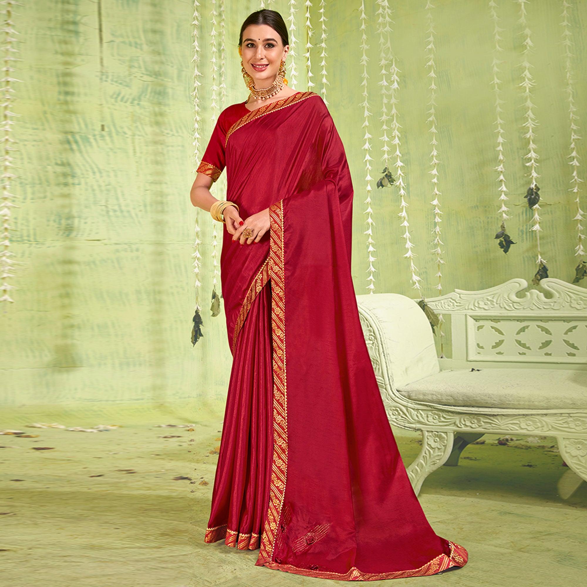Maroon Solid With Fancy Border Vichitra Silk Saree - Peachmode