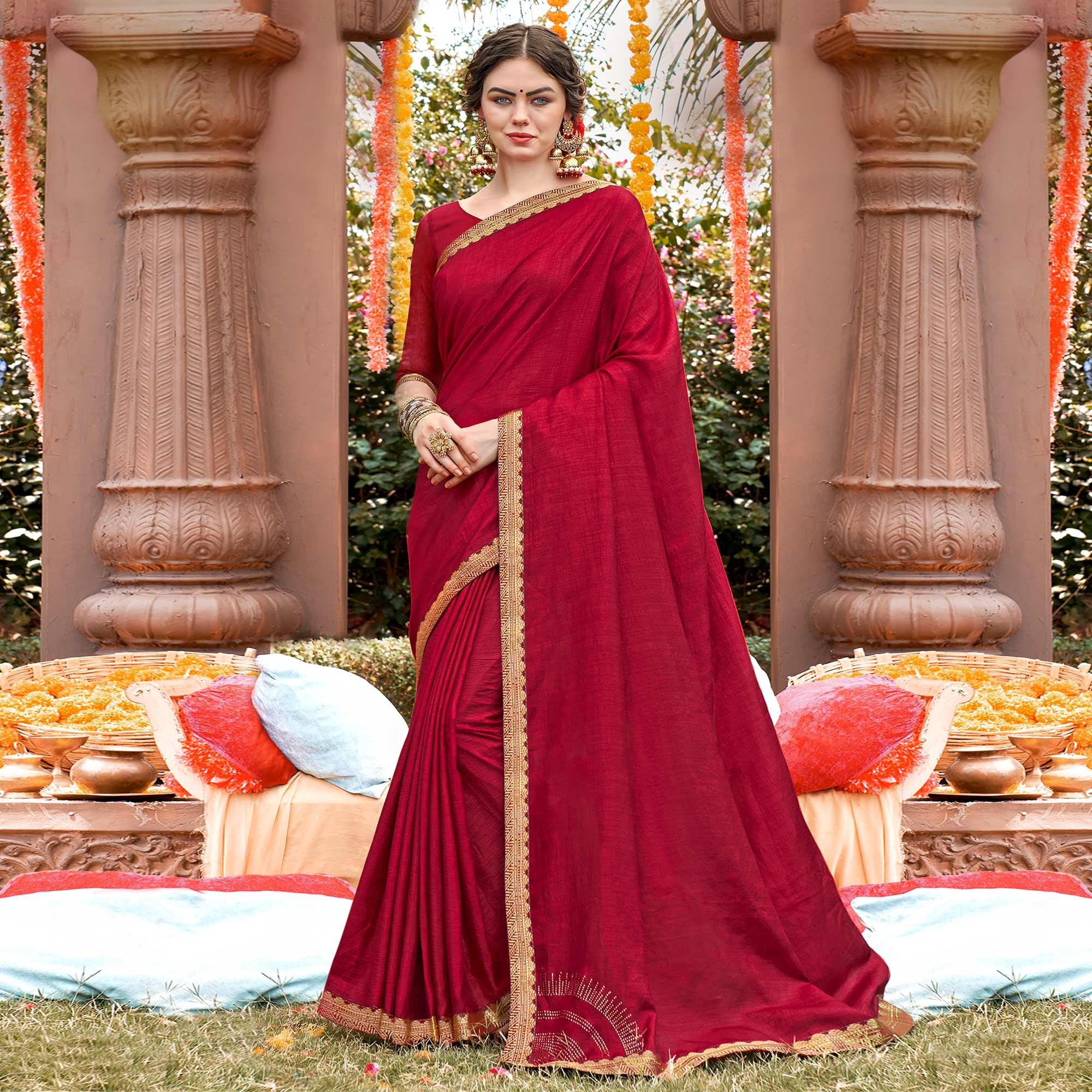 Maroon Solid With Fancy Border Vichitra Silk Saree - Peachmode