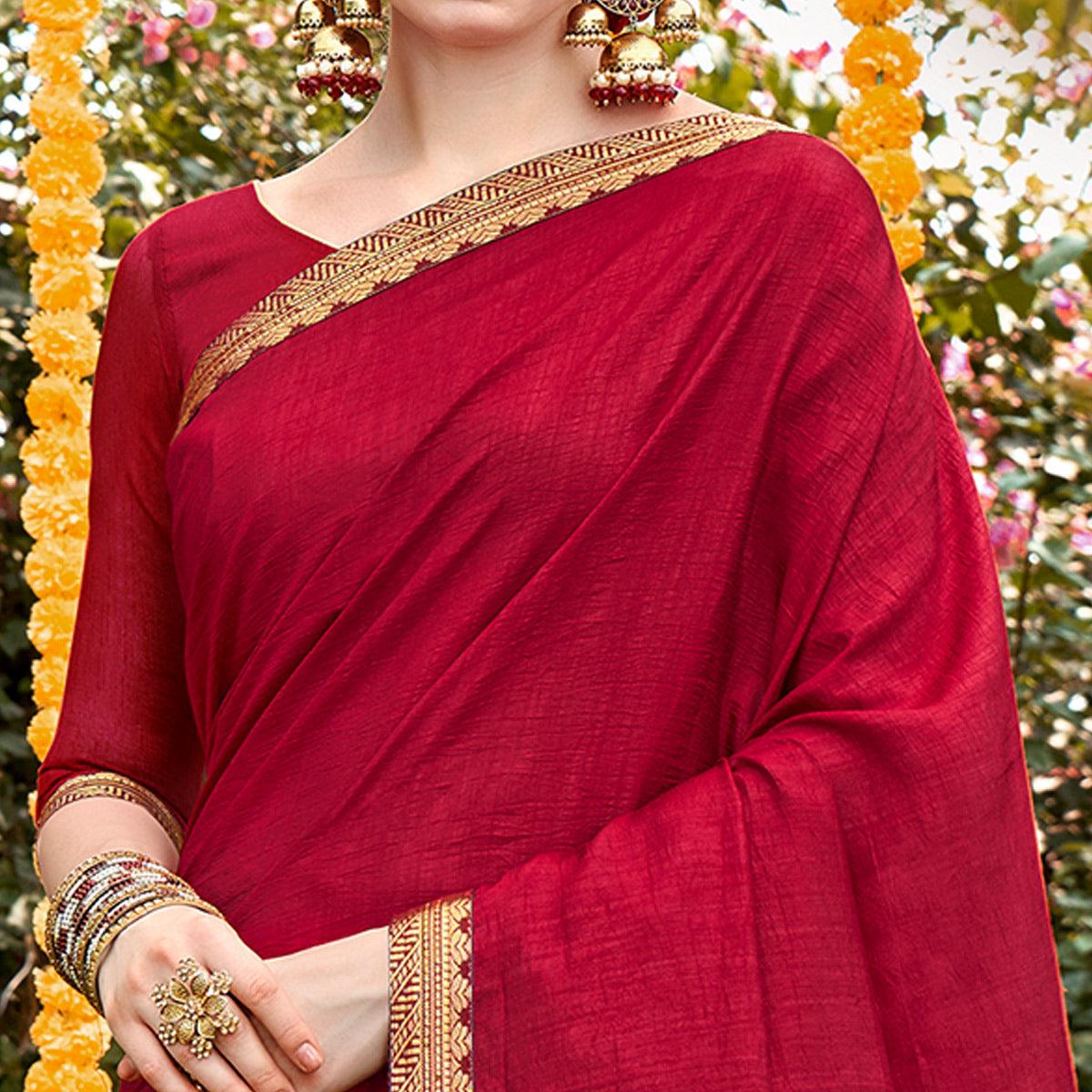 Maroon Solid With Fancy Border Vichitra Silk Saree - Peachmode