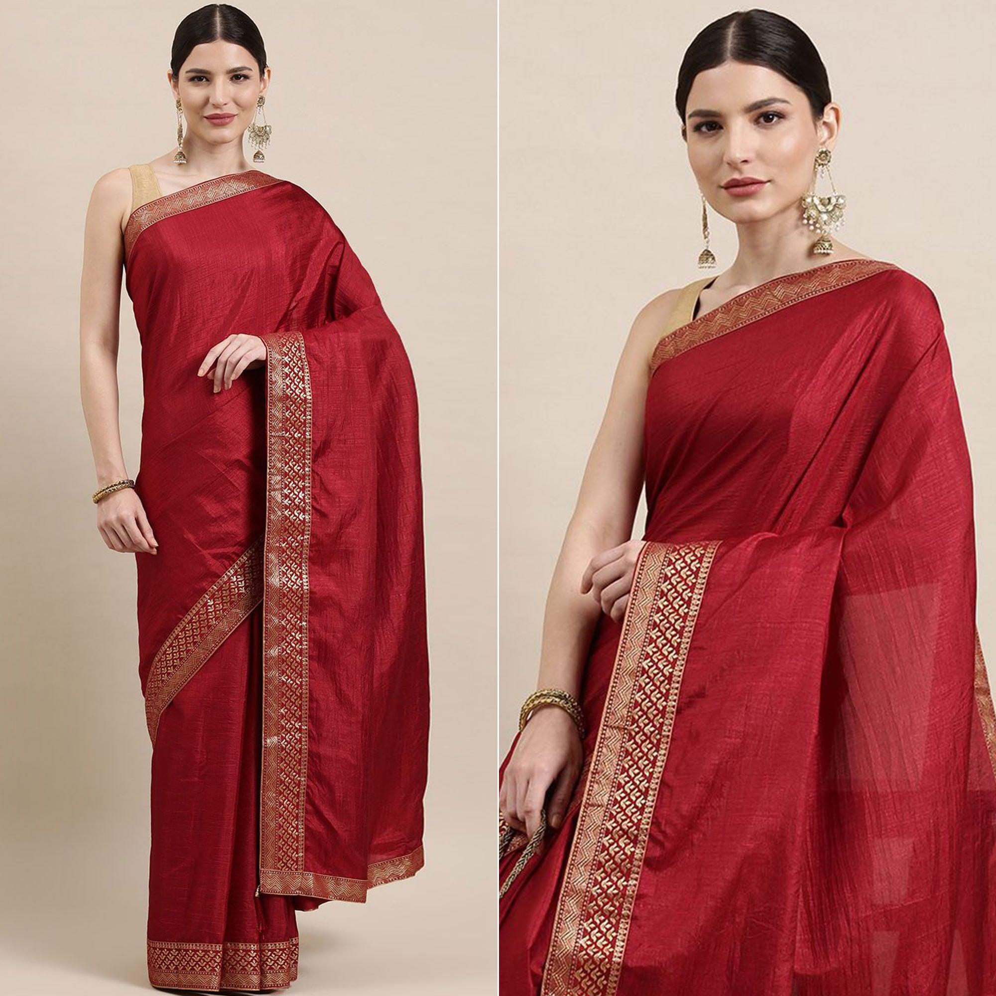 Maroon Solid With Woven Border Vichitra Silk Saree - Peachmode