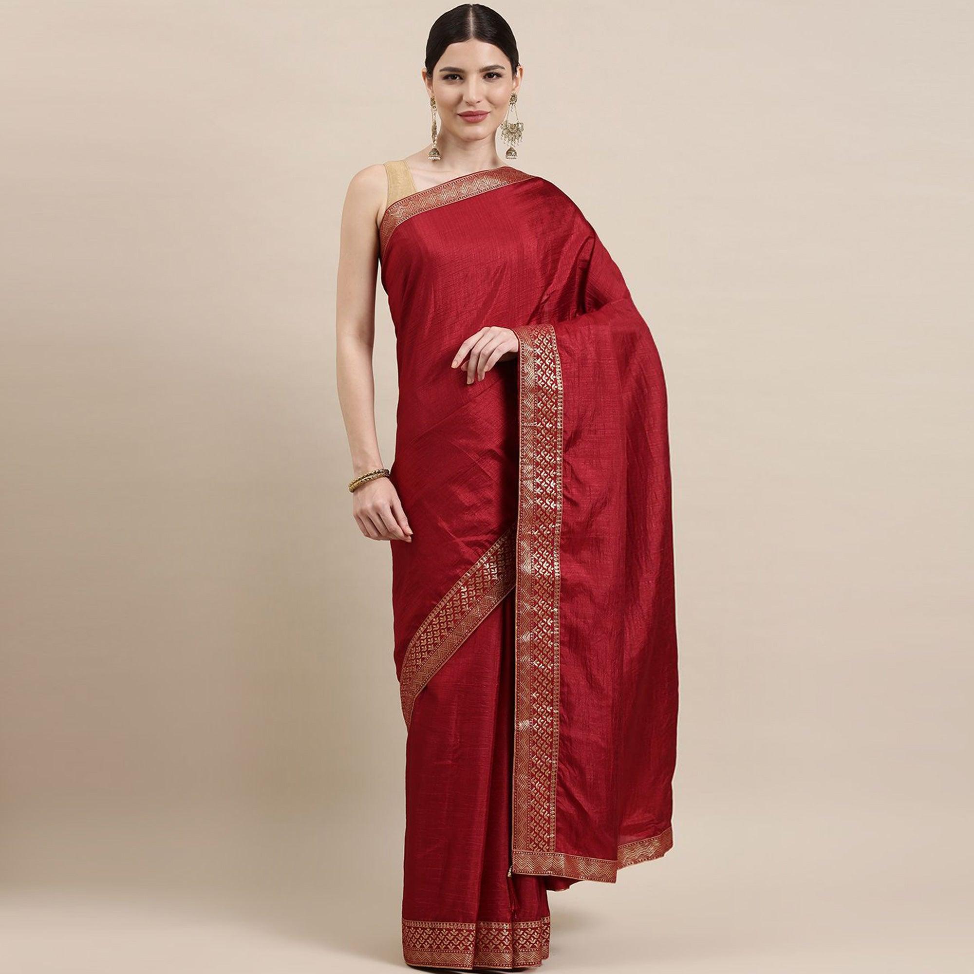 Maroon Solid With Woven Border Vichitra Silk Saree - Peachmode