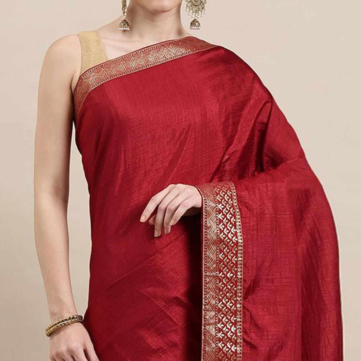 Maroon Solid With Woven Border Vichitra Silk Saree - Peachmode