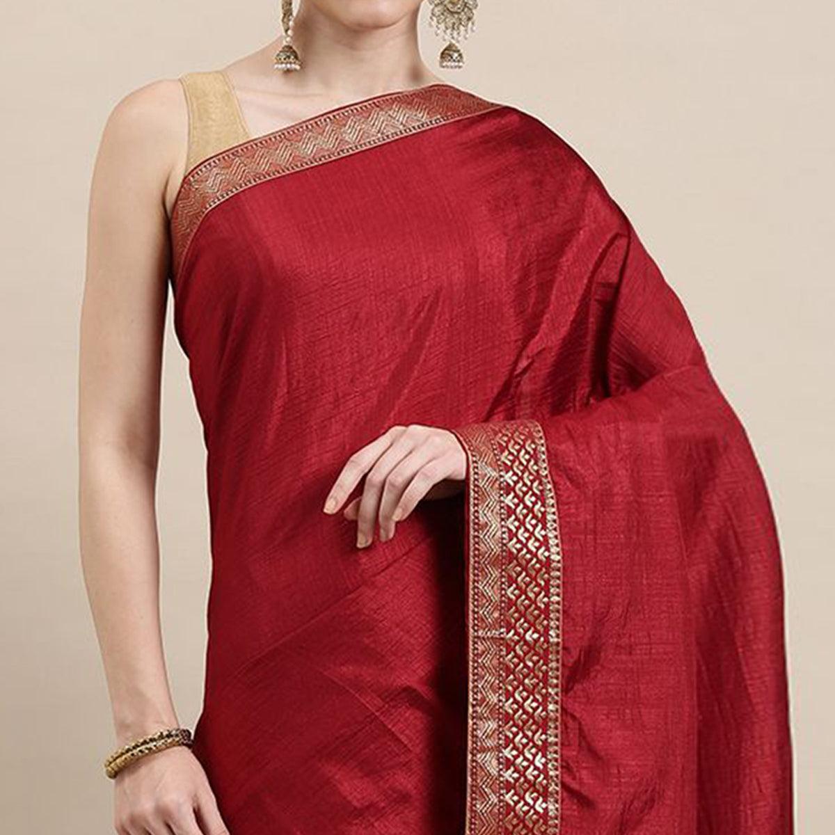 Maroon Solid With Woven Border Vichitra Silk Saree - Peachmode