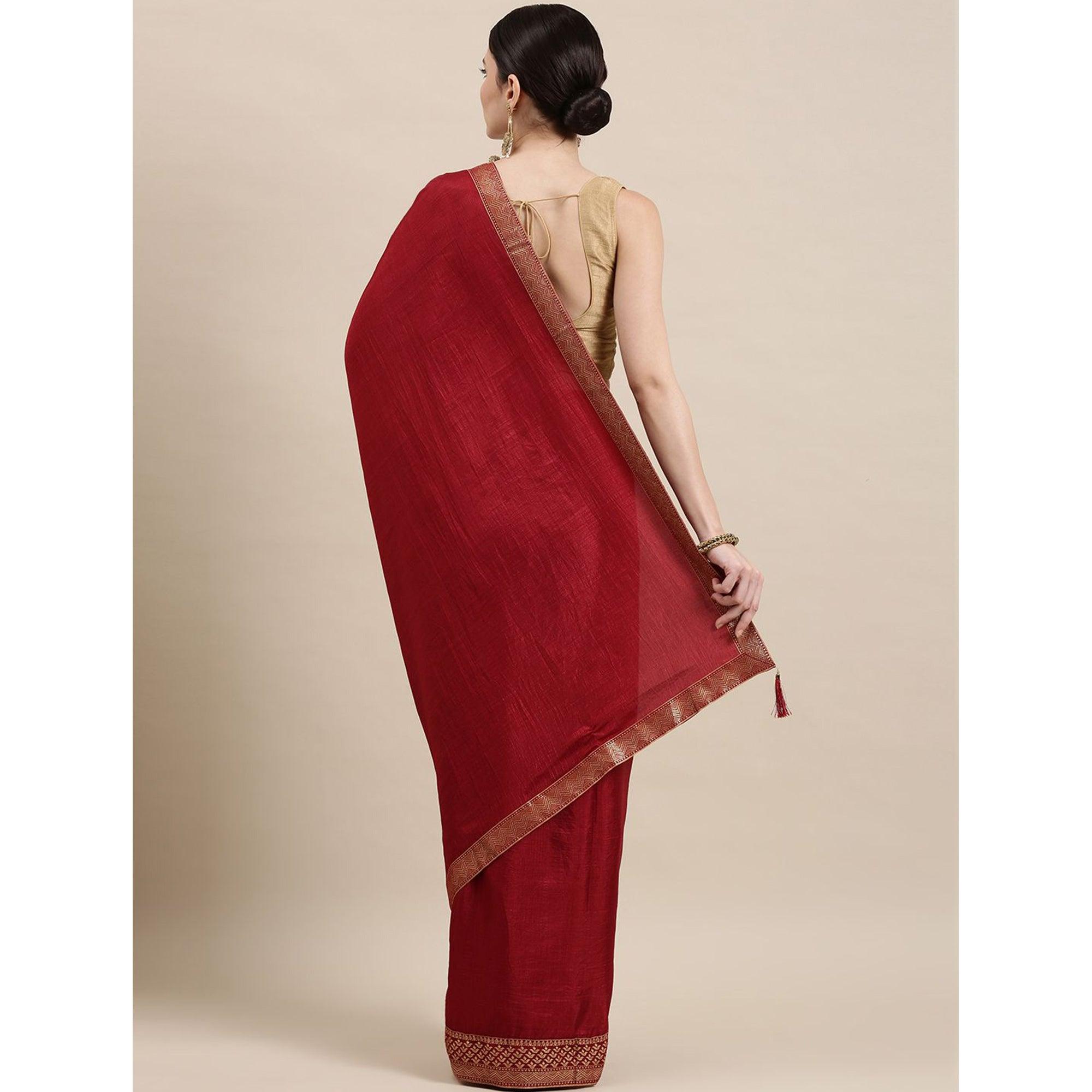 Maroon Solid With Woven Border Vichitra Silk Saree - Peachmode