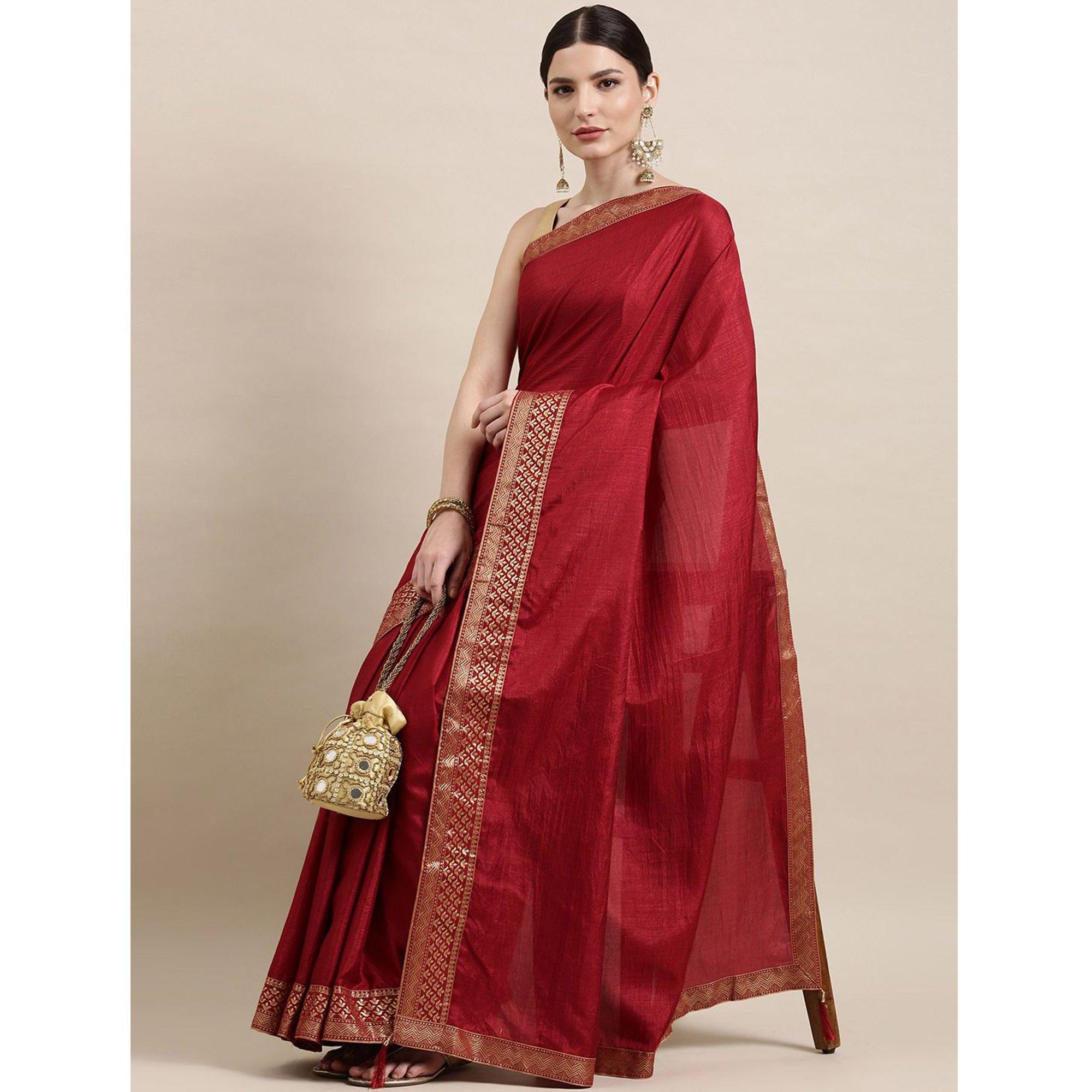 Maroon Solid With Woven Border Vichitra Silk Saree - Peachmode