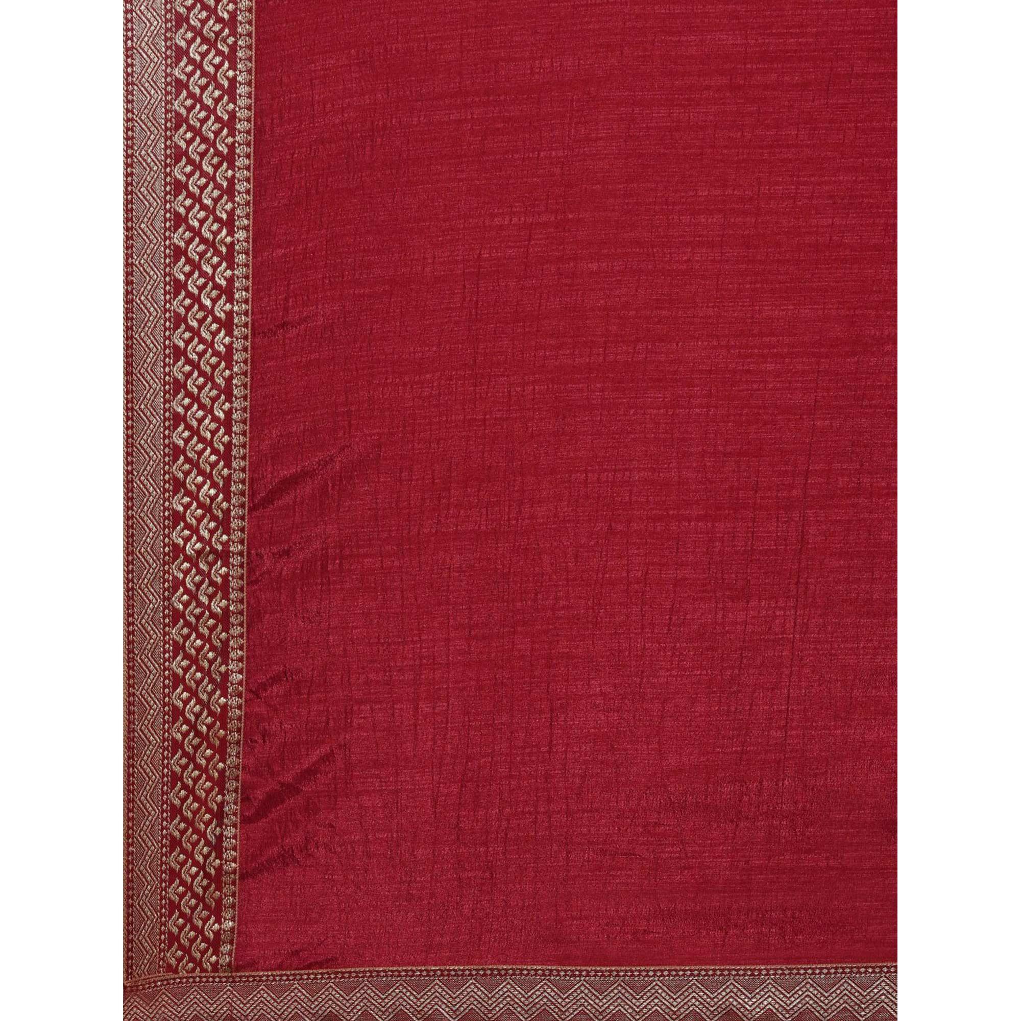 Maroon Solid With Woven Border Vichitra Silk Saree - Peachmode