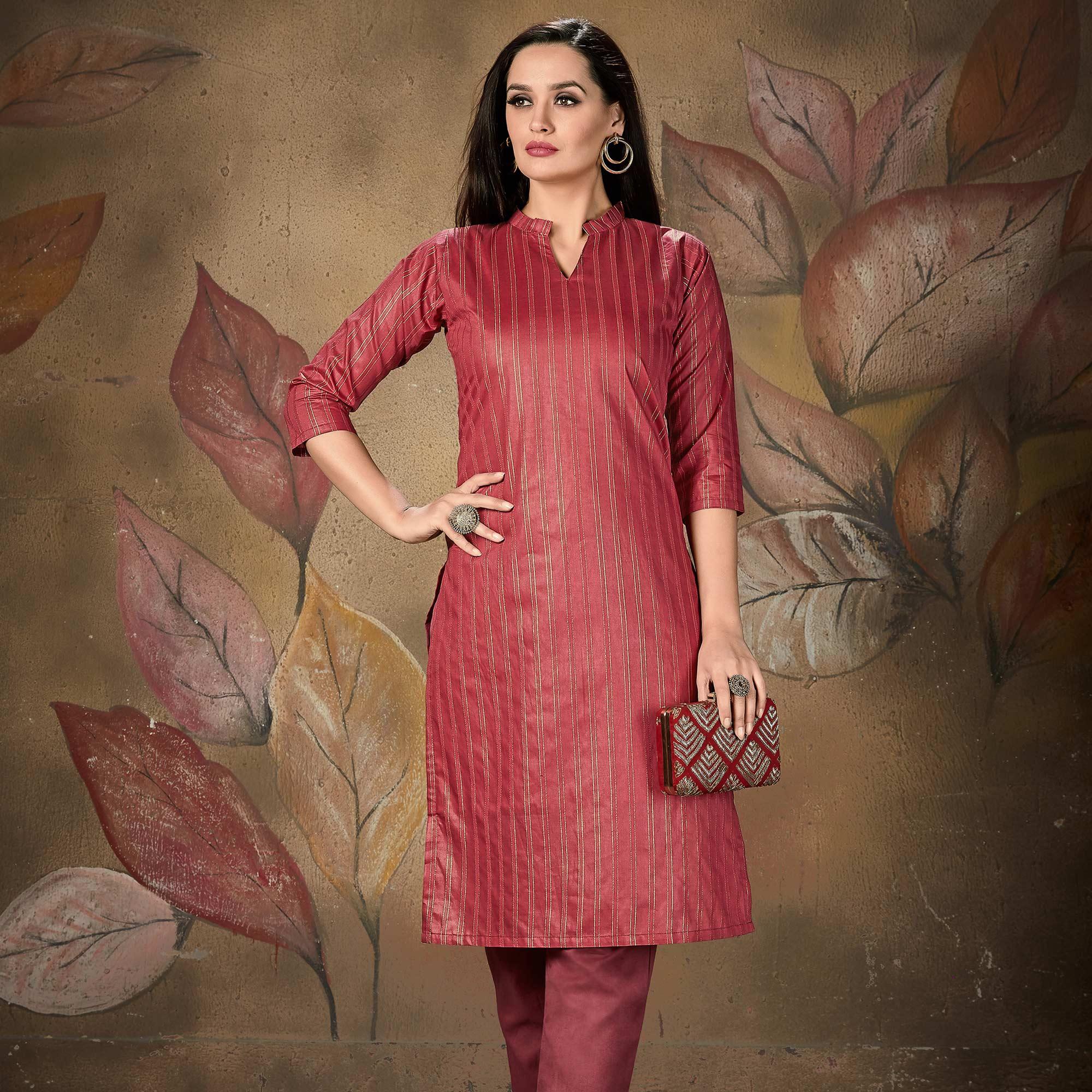 Maroon Stripe Printed Cotton Blend Kurti - Peachmode