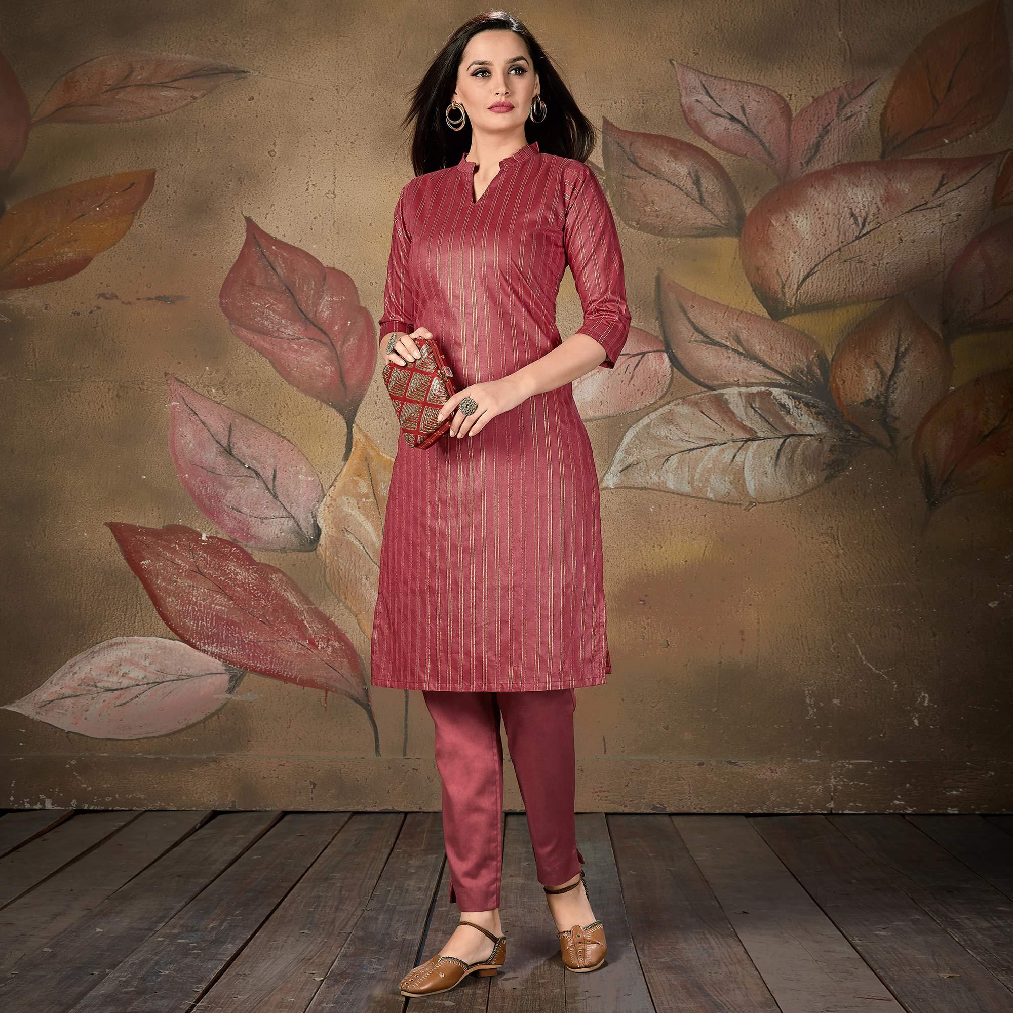 Maroon Stripe Printed Cotton Blend Kurti - Peachmode