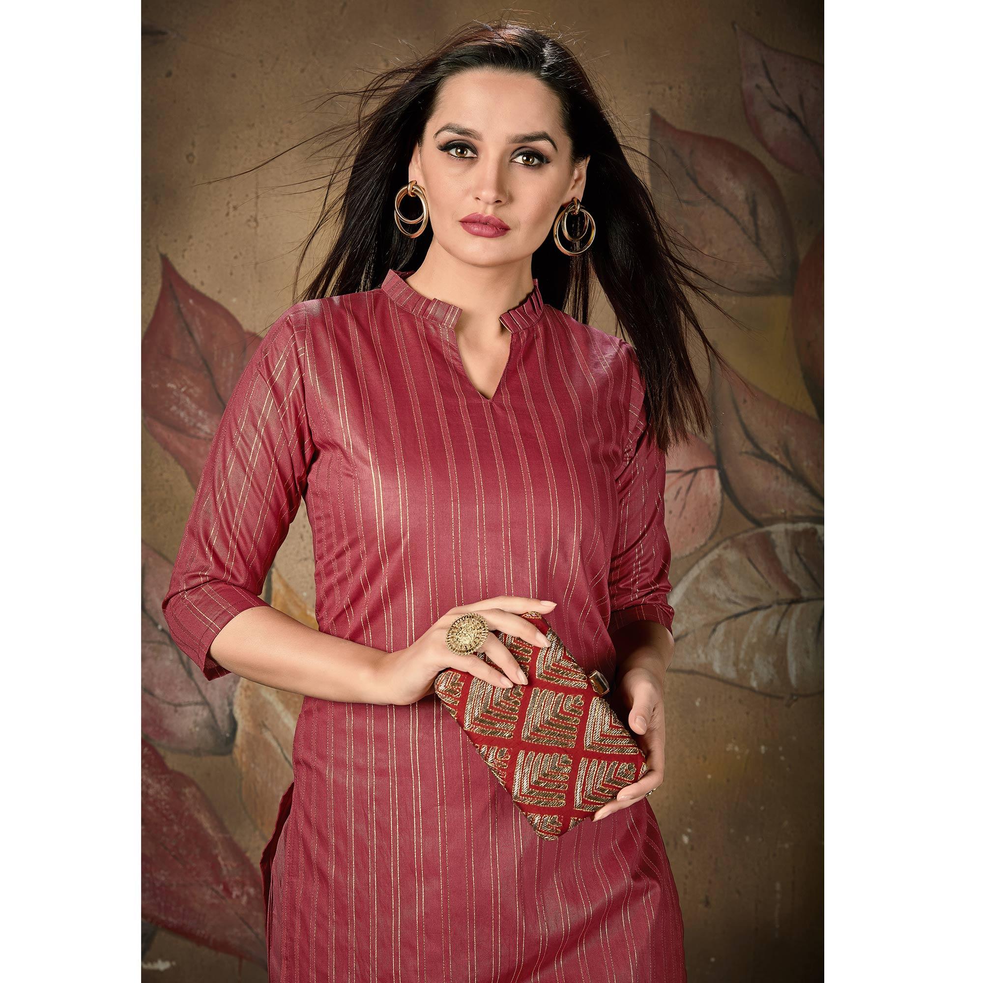 Maroon Stripe Printed Cotton Blend Kurti - Peachmode