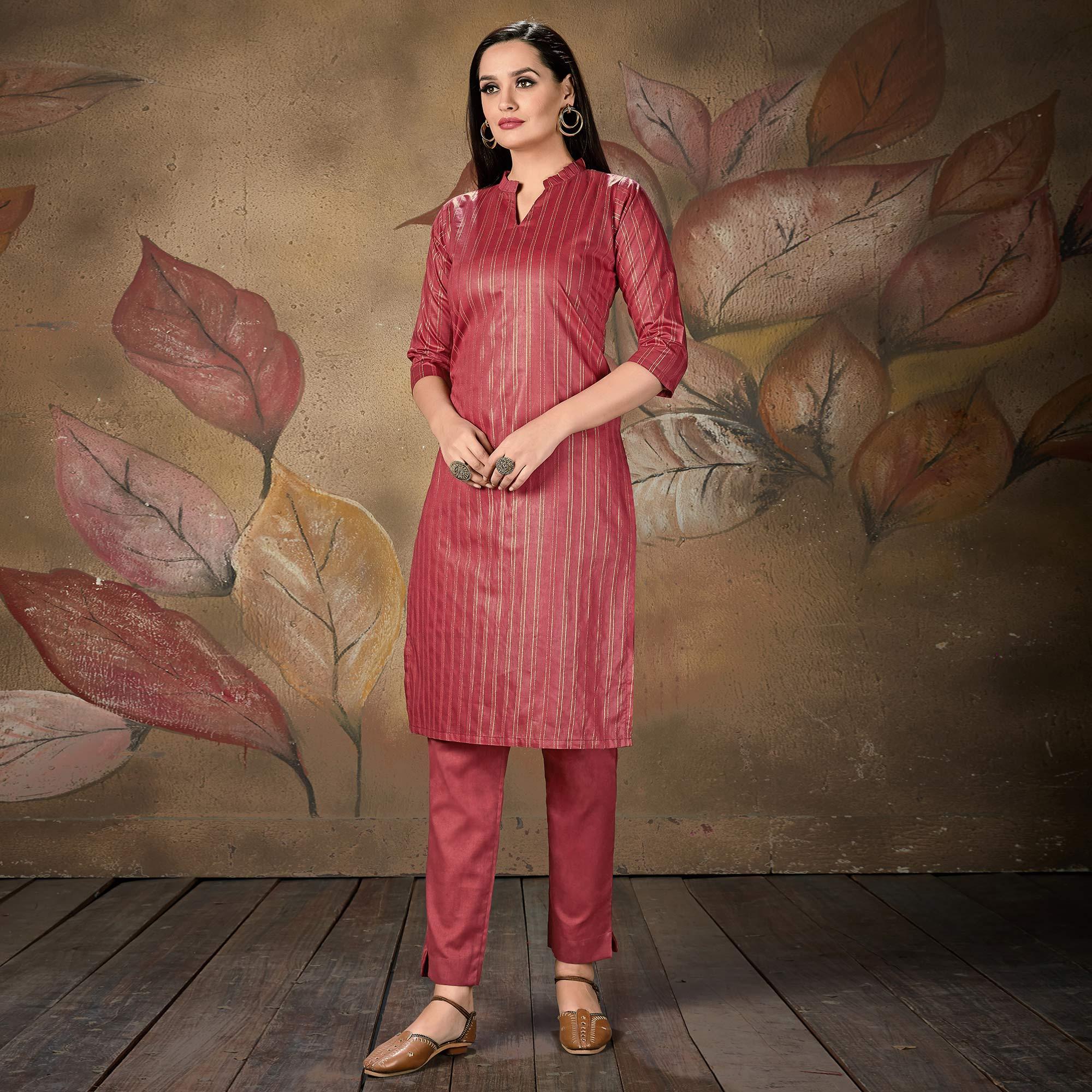 Maroon Stripe Printed Cotton Blend Kurti - Peachmode