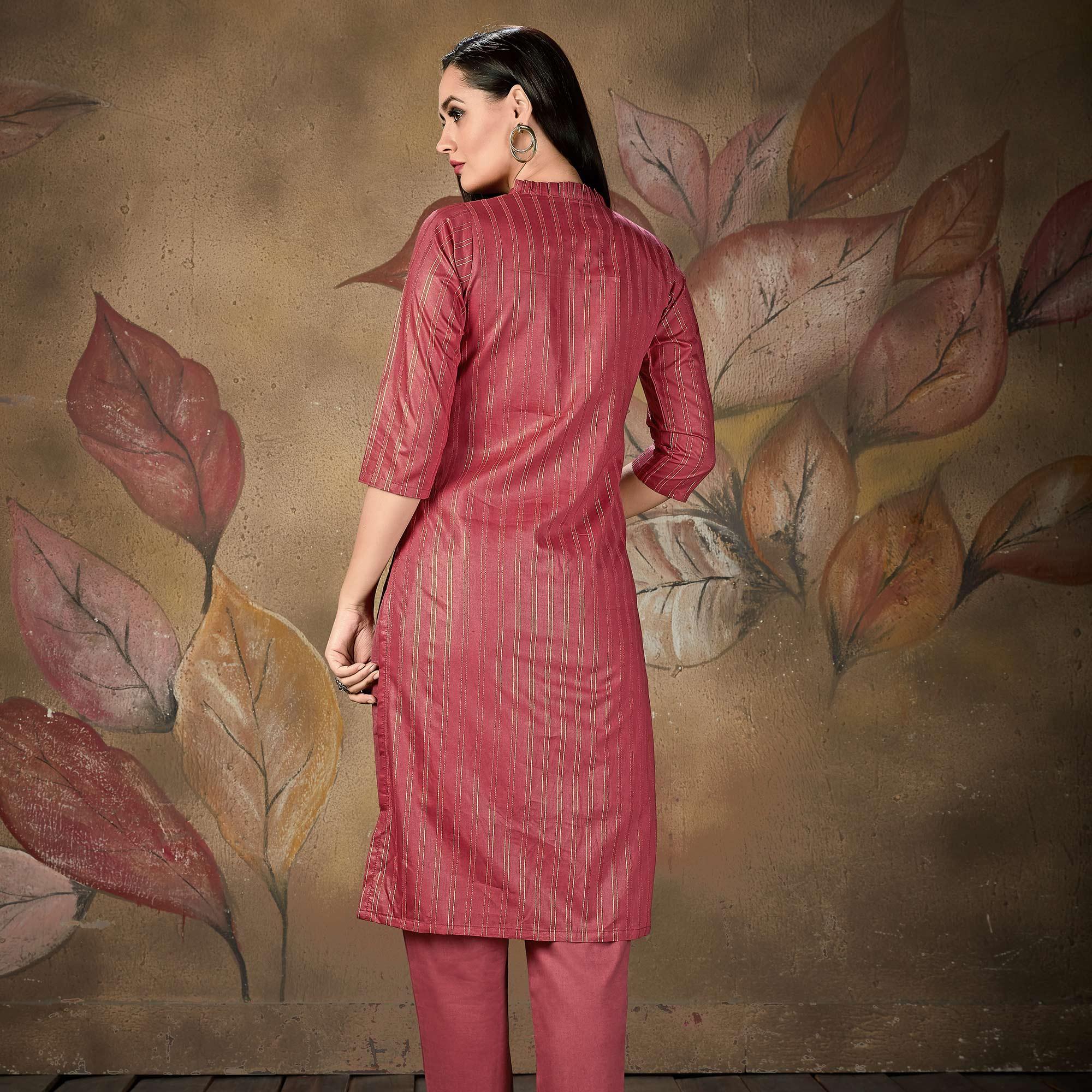 Maroon Stripe Printed Cotton Blend Kurti - Peachmode