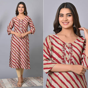 Maroon Striped Printed-Embroidered Muslin Kurti - Peachmode