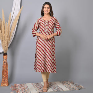 Maroon Striped Printed-Embroidered Muslin Kurti - Peachmode