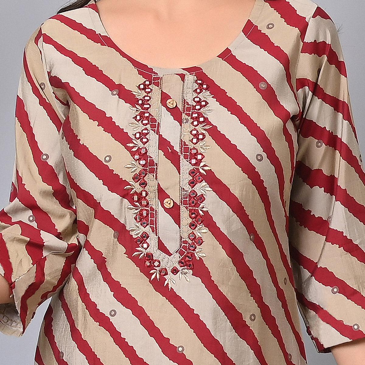 Maroon Striped Printed-Embroidered Muslin Kurti - Peachmode