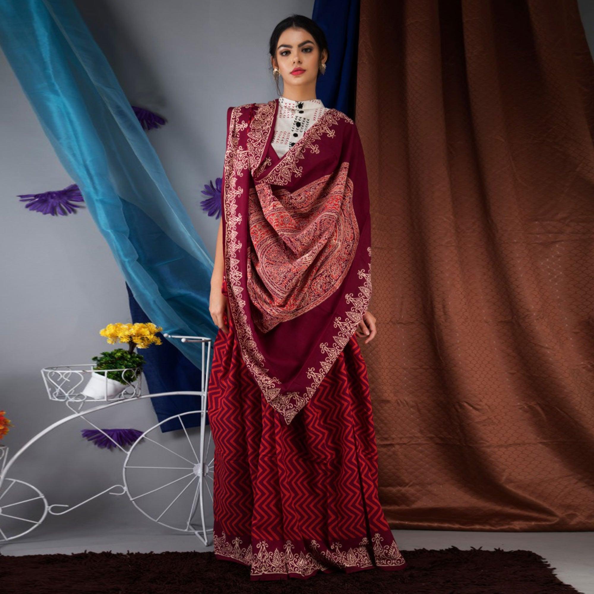 Maroon Striped Printed Linen Saree - Peachmode