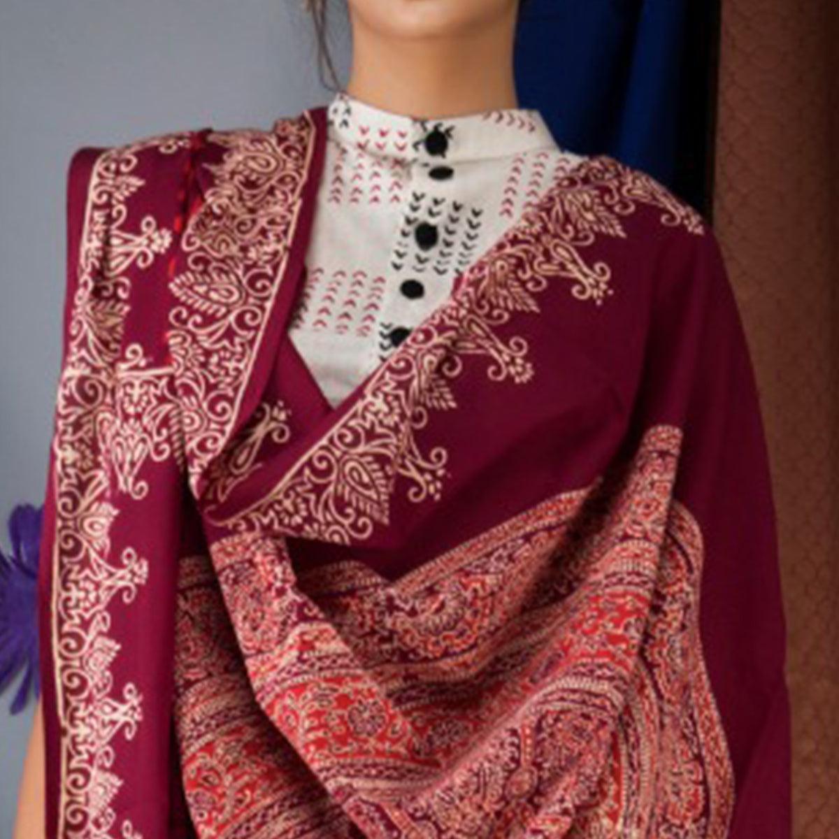 Maroon Striped Printed Linen Saree - Peachmode
