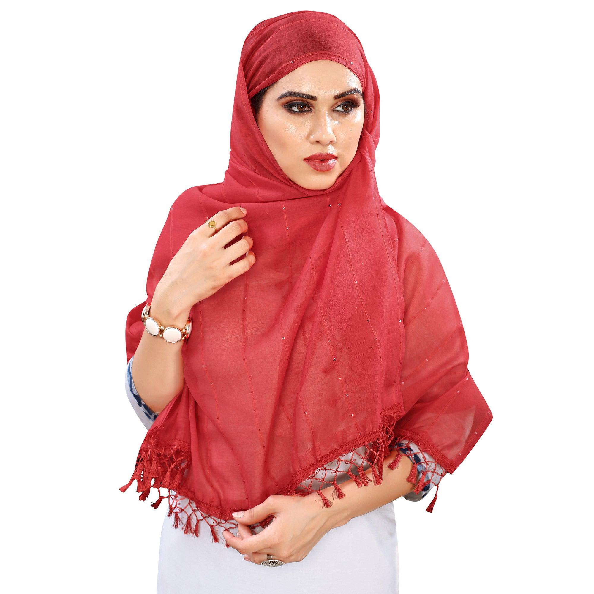 Maroon Stripes Woven Sequence Festive Wear Cotton Silk Dupatta - Peachmode