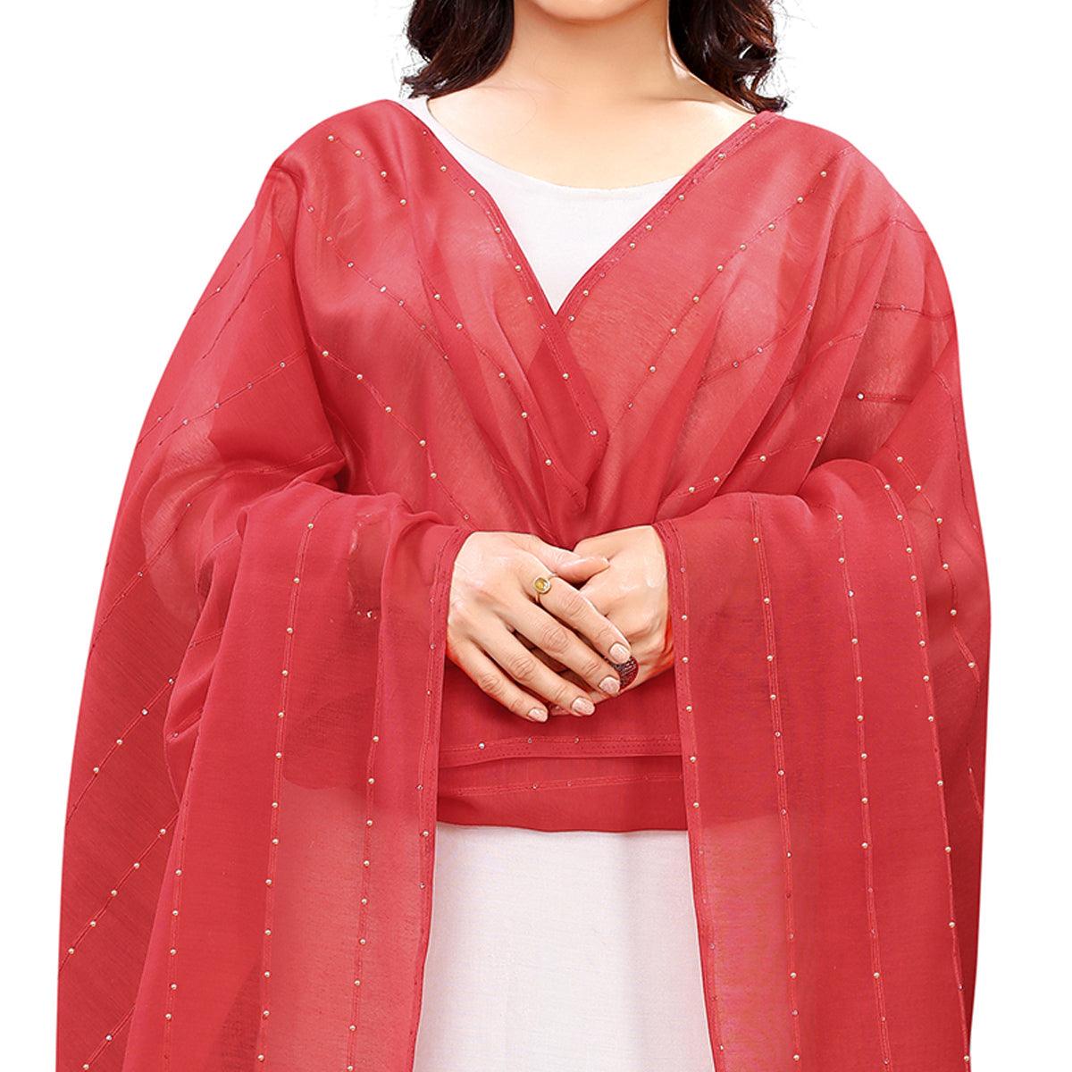 Maroon Stripes Woven Sequence Festive Wear Cotton Silk Dupatta - Peachmode