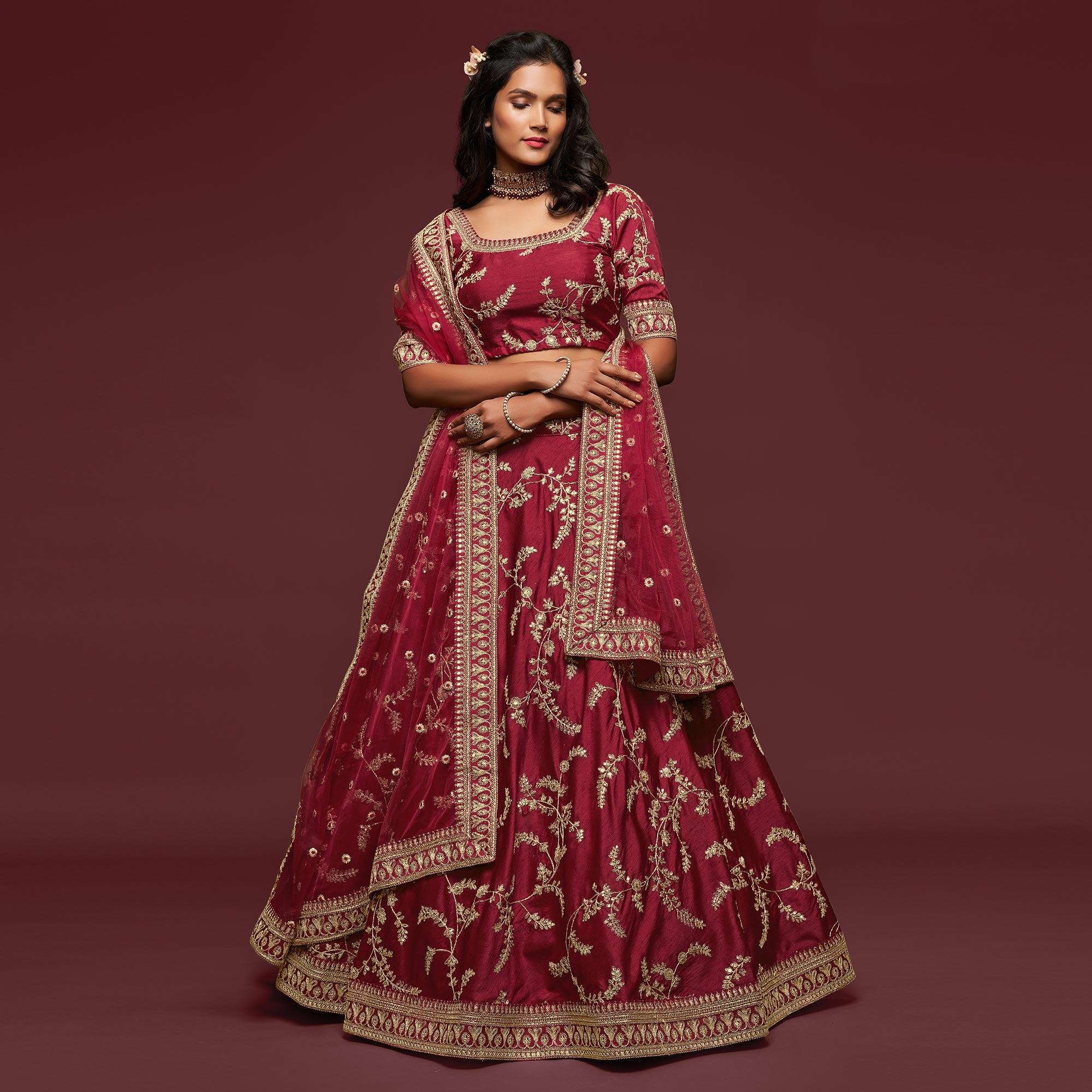 Maroon Wedding Floral Sequins Embroidered Art Silk Lehenga Choli - Peachmode