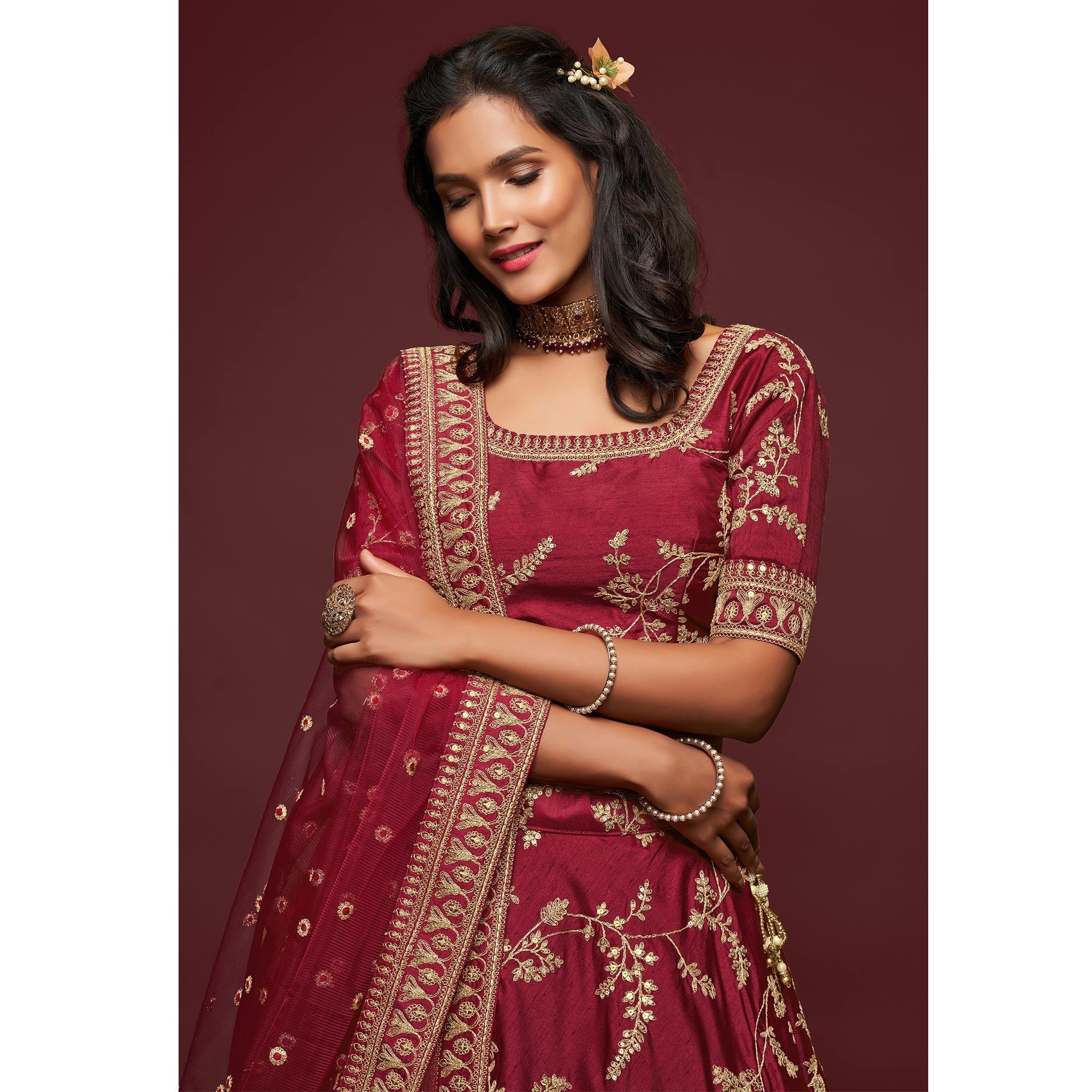 Maroon Wedding Floral Sequins Embroidered Art Silk Lehenga Choli - Peachmode