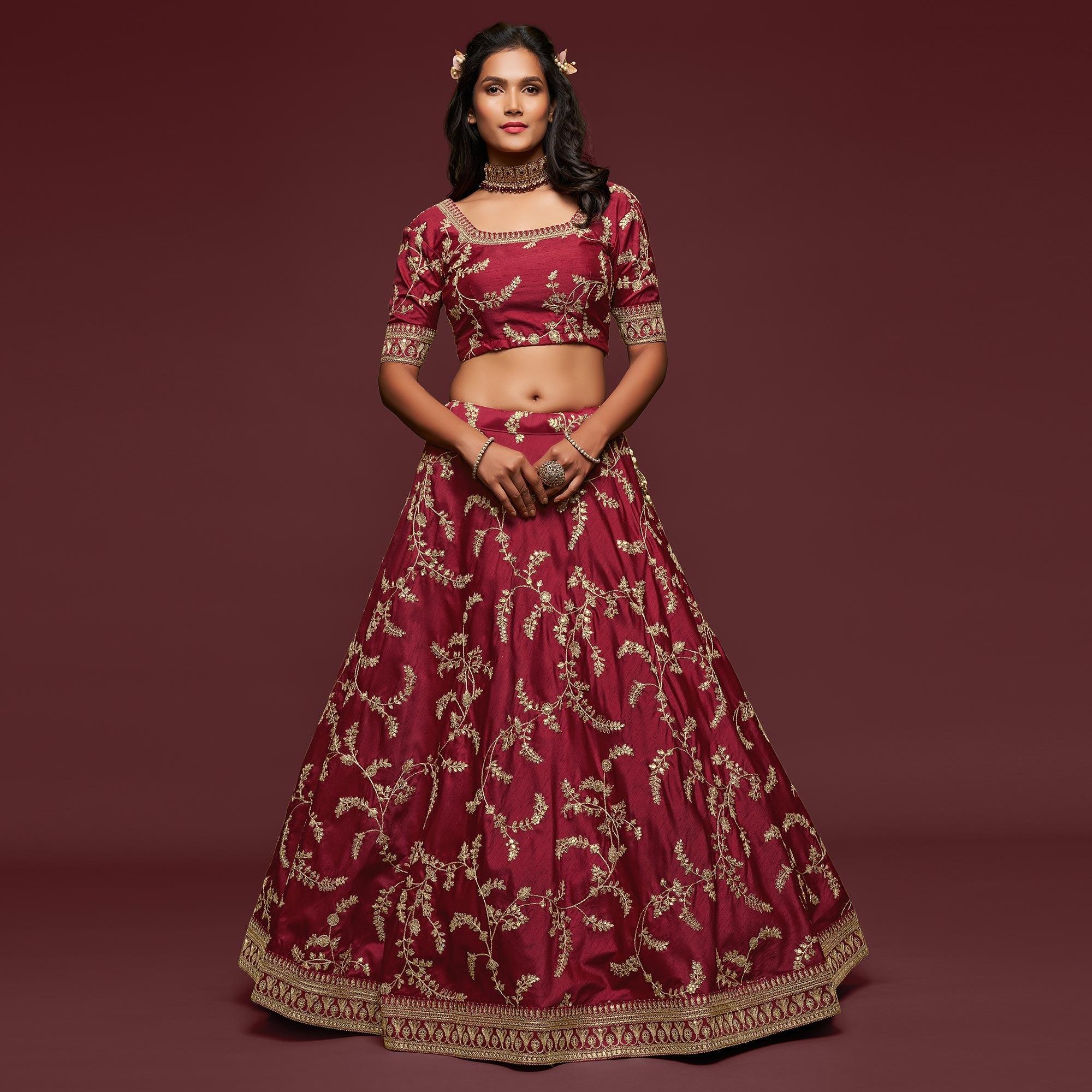 Maroon Wedding Floral Sequins Embroidered Art Silk Lehenga Choli - Peachmode