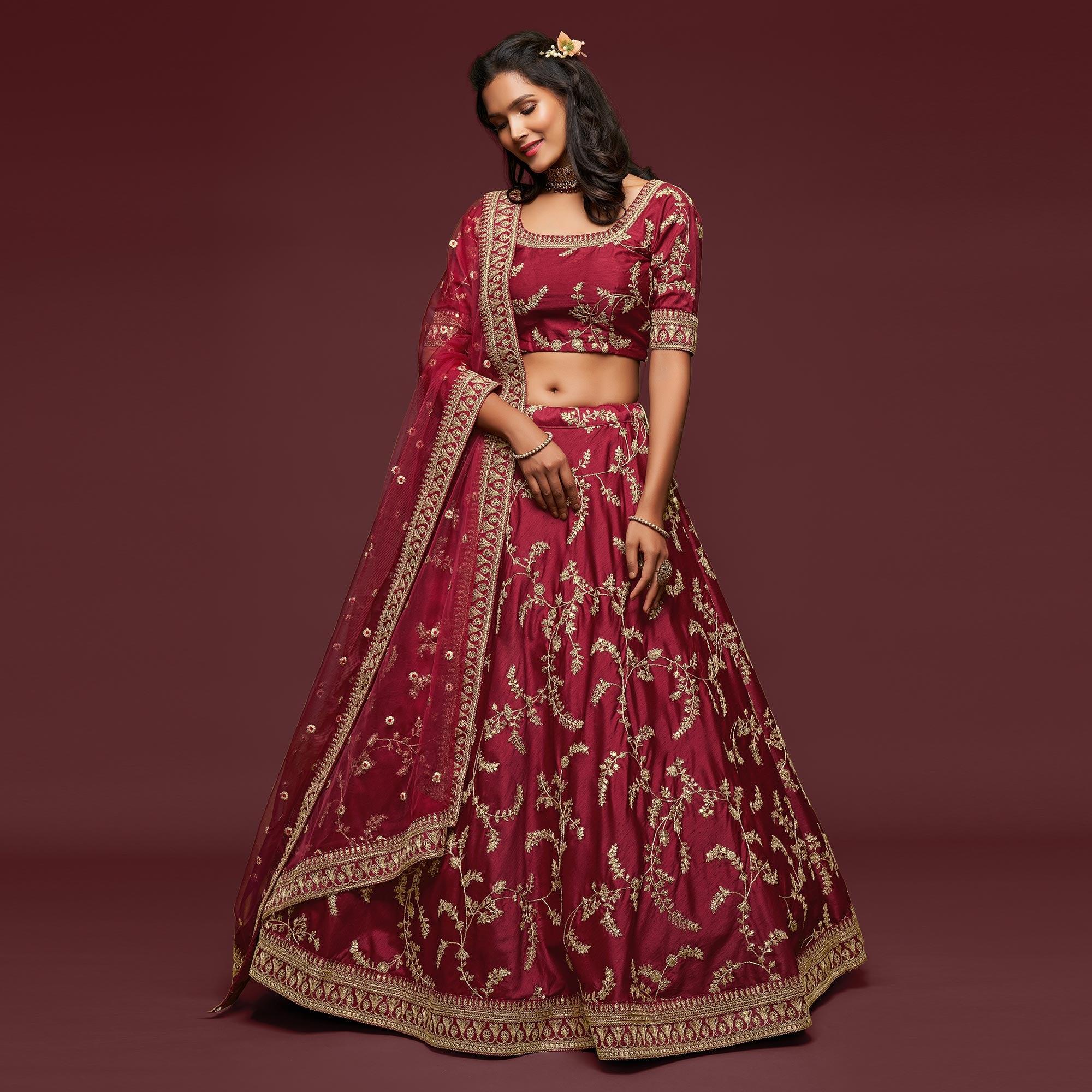 Maroon Wedding Floral Sequins Embroidered Art Silk Lehenga Choli - Peachmode