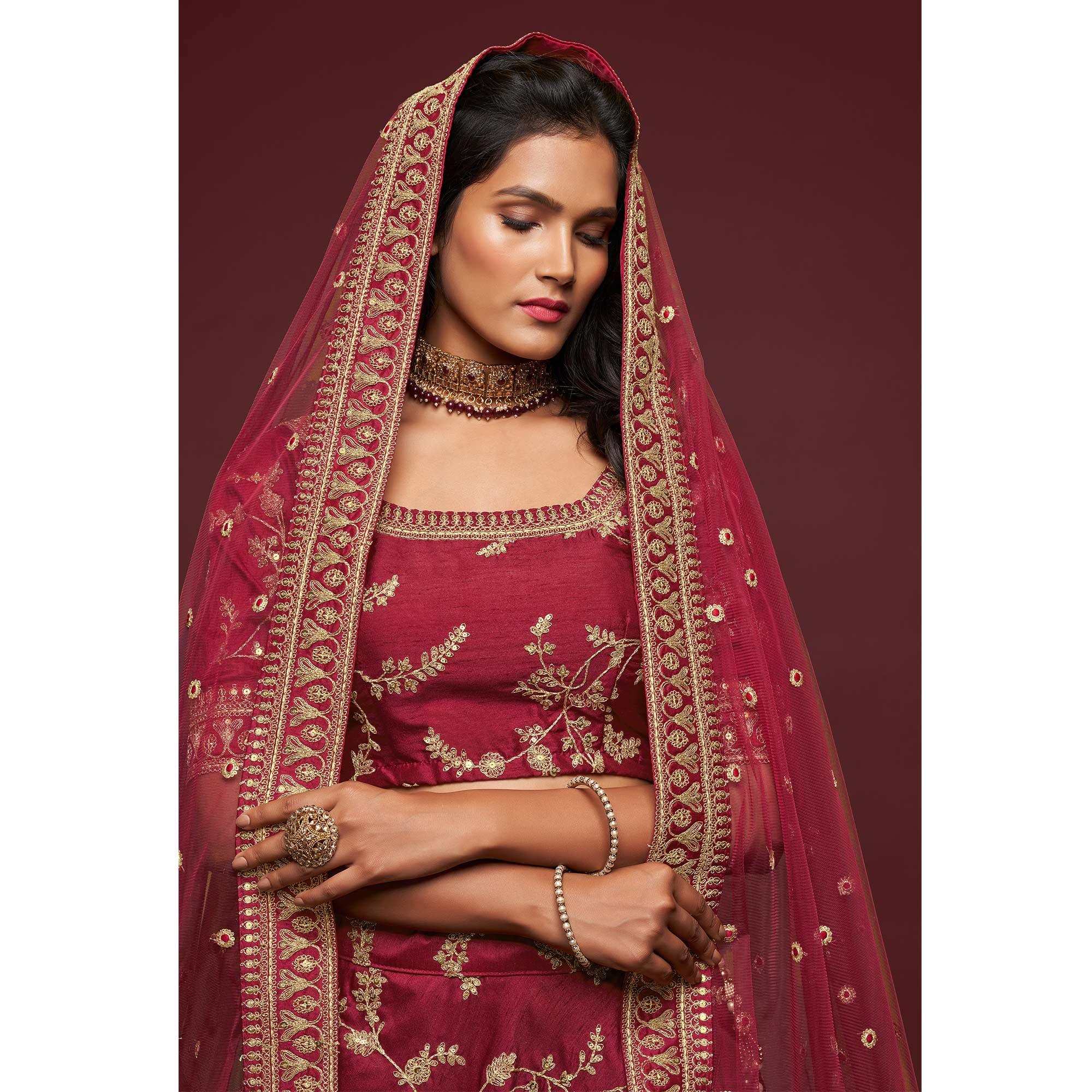 Maroon Wedding Floral Sequins Embroidered Art Silk Lehenga Choli - Peachmode