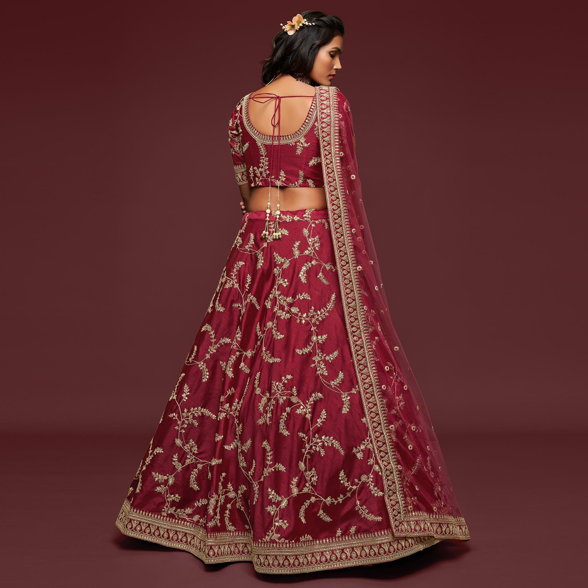 Maroon Wedding Floral Sequins Embroidered Art Silk Lehenga Choli - Peachmode