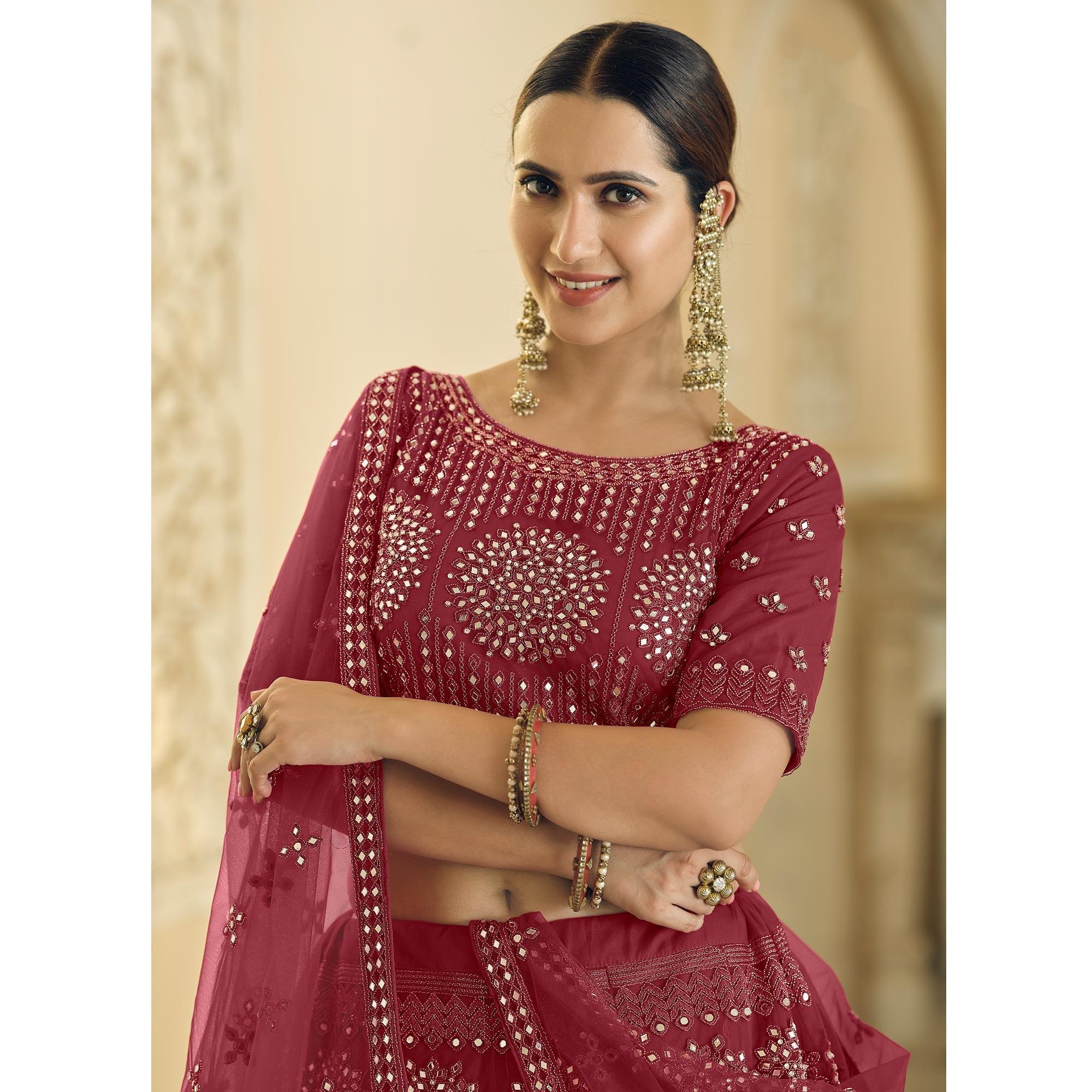Maroon Wedding Wear Embellished Netted Lehenga Choli - Peachmode