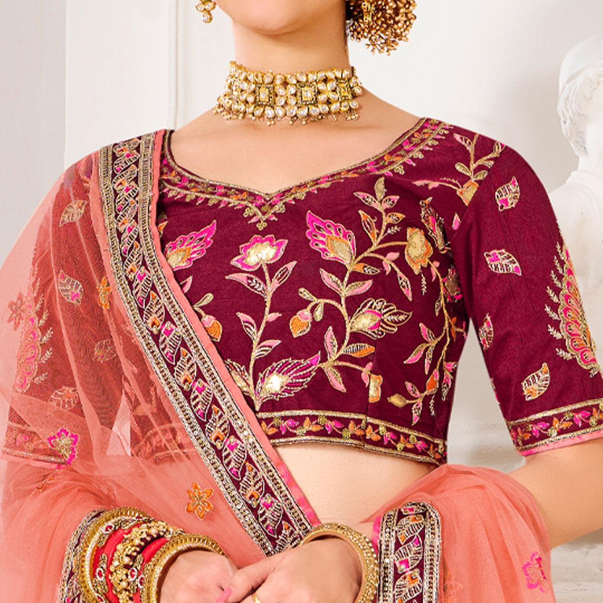Maroon Wedding Wear Embroidered Silk Lehenga Choli - Peachmode