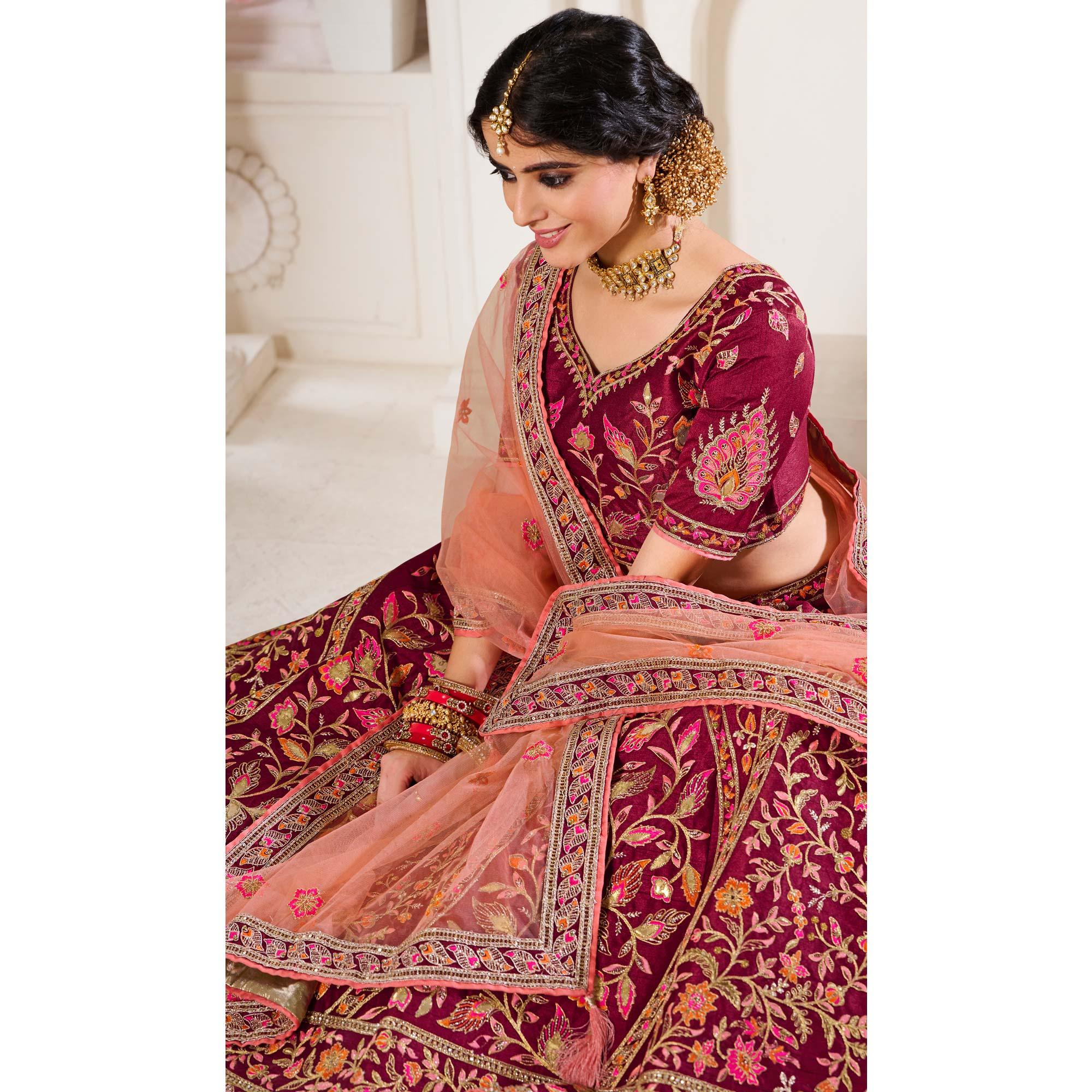 Maroon Wedding Wear Embroidered Silk Lehenga Choli - Peachmode