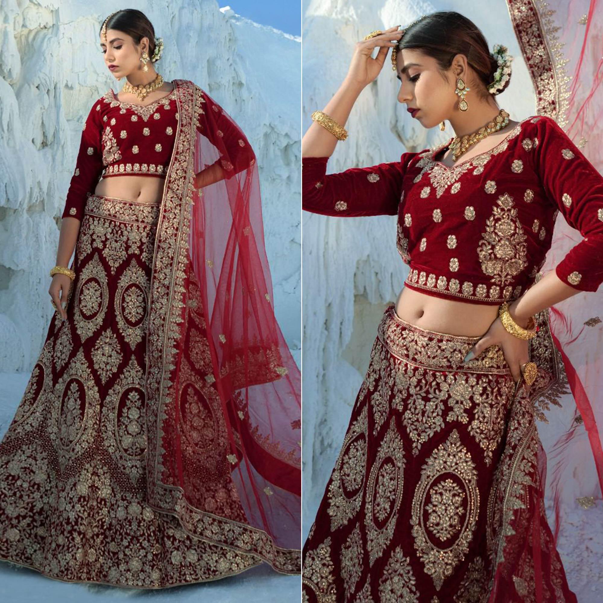 Maroon Wedding Wear Embroidered Velvet Lehenga Choli - Peachmode