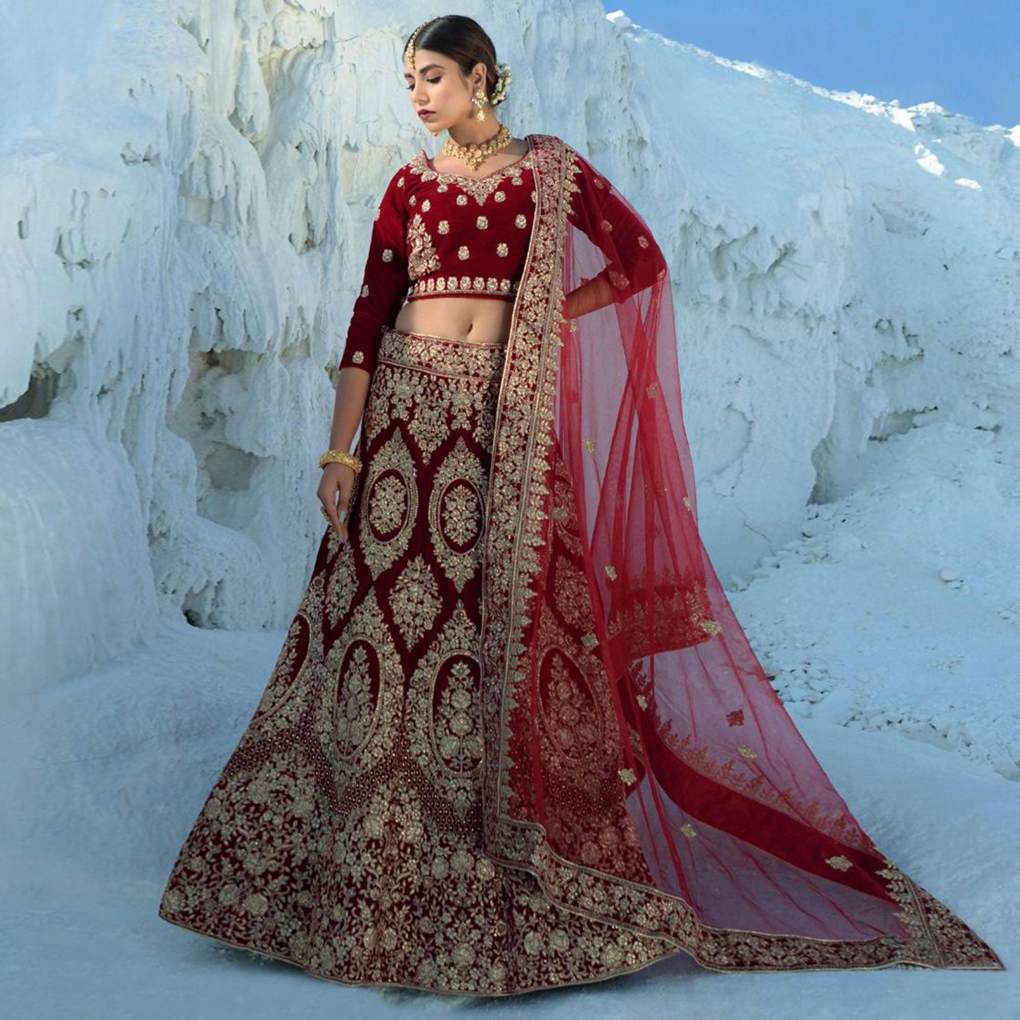 Maroon Wedding Wear Embroidered Velvet Lehenga Choli - Peachmode