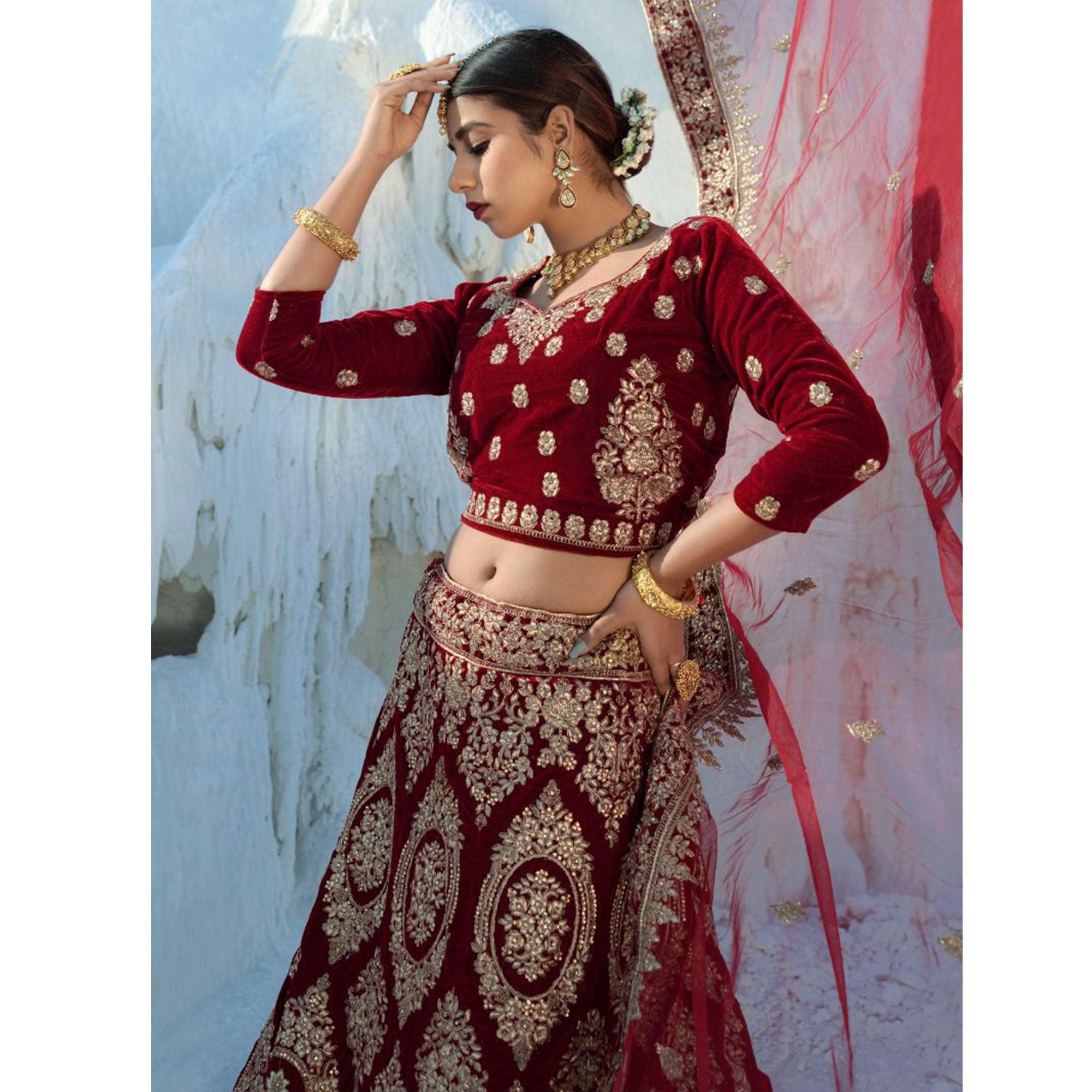 Maroon Wedding Wear Embroidered Velvet Lehenga Choli - Peachmode