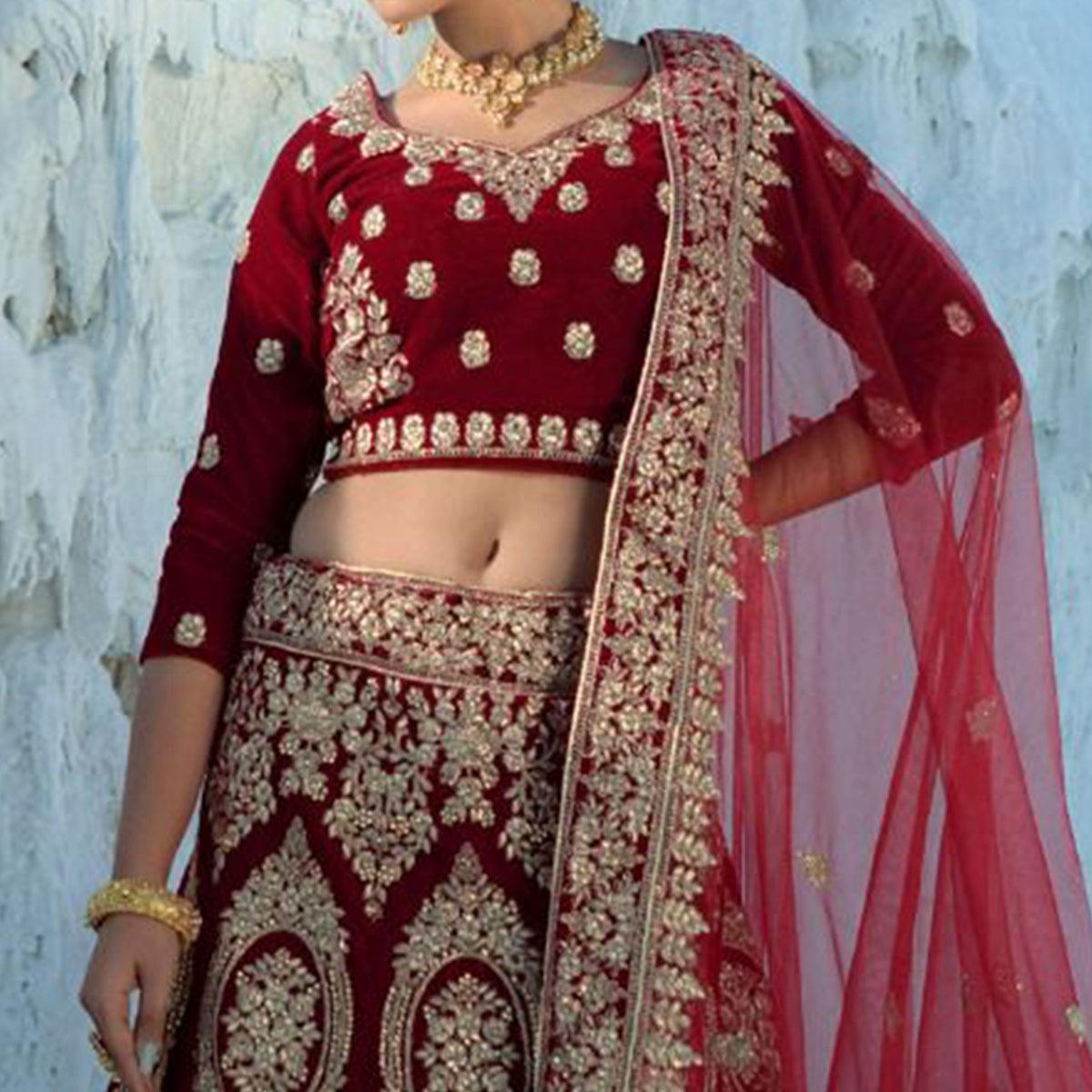 Maroon Wedding Wear Embroidered Velvet Lehenga Choli - Peachmode