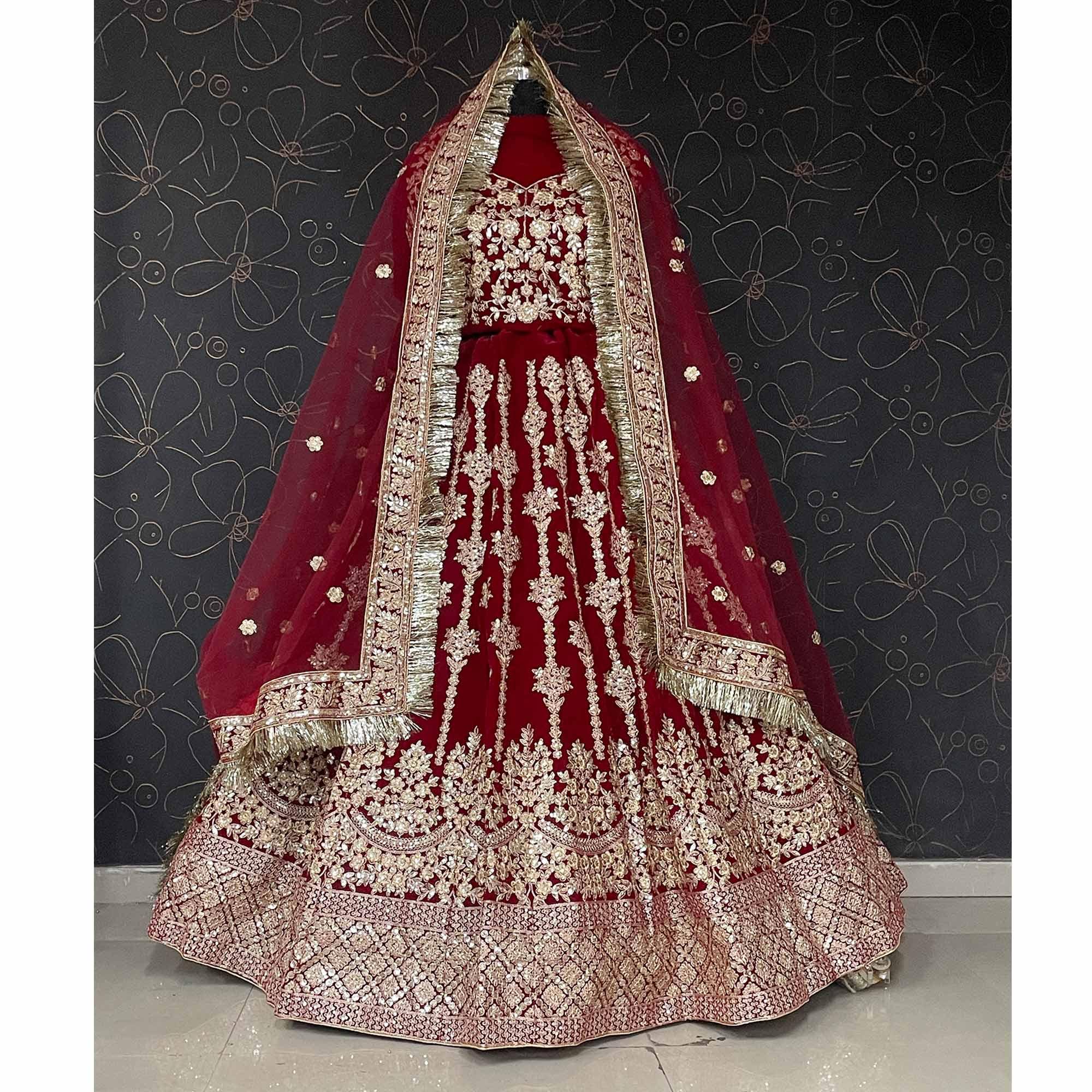 Maroon Wedding Wear Embroidered With Embellished Velvet Lehenga Choli - Peachmode