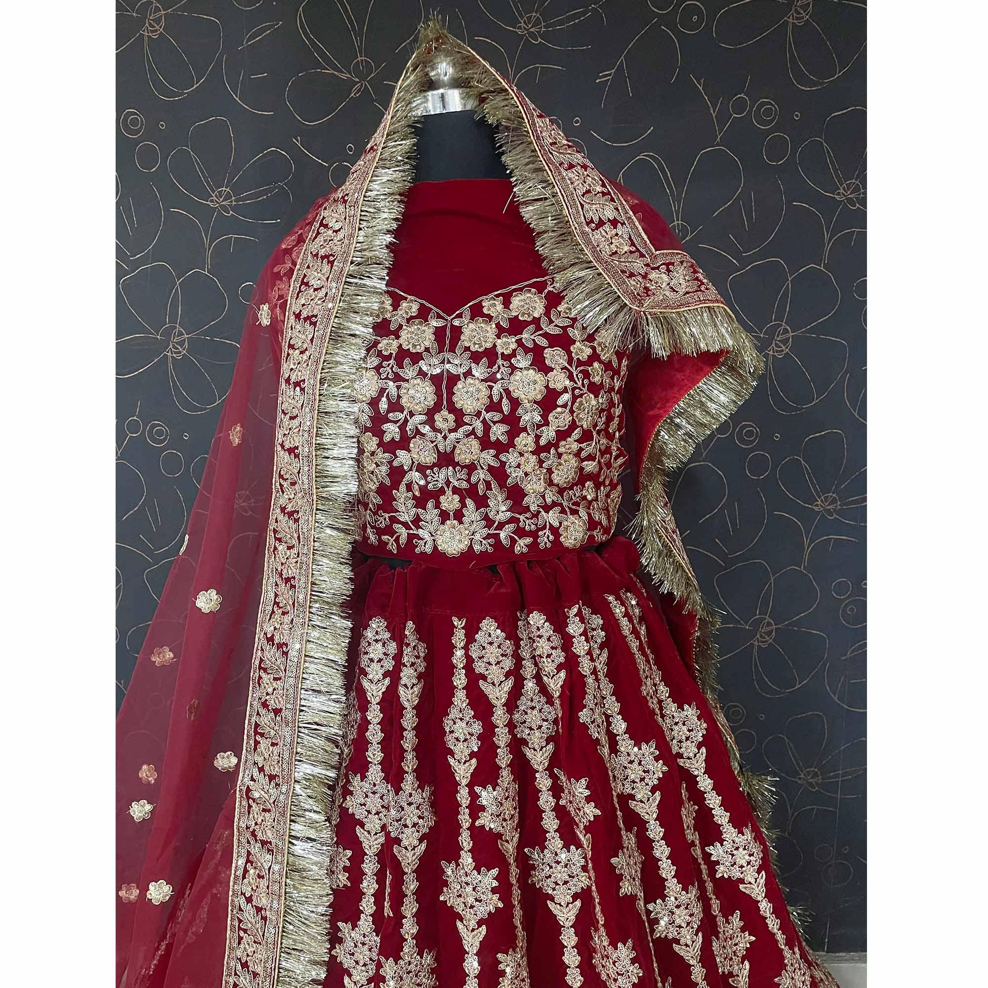 Maroon Wedding Wear Embroidered With Embellished Velvet Lehenga Choli - Peachmode