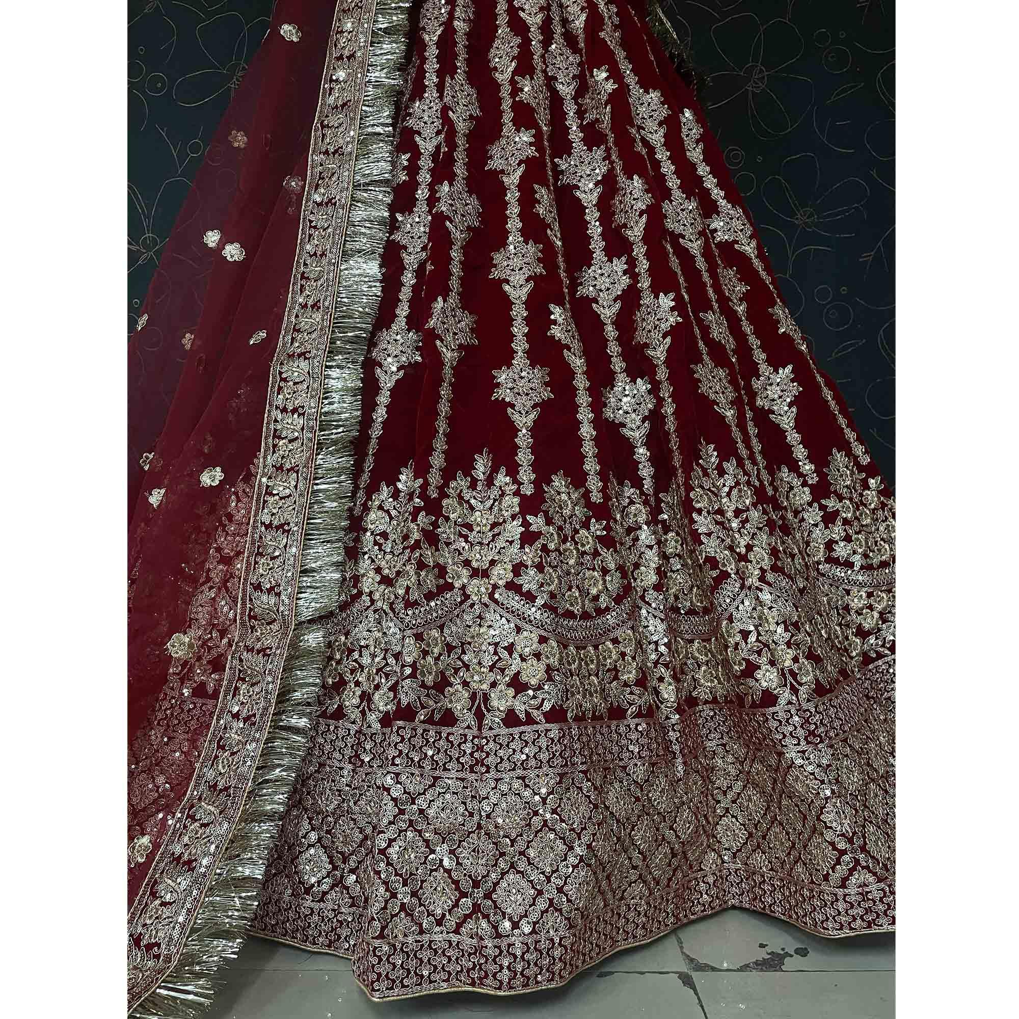 Maroon Wedding Wear Embroidered With Embellished Velvet Lehenga Choli - Peachmode