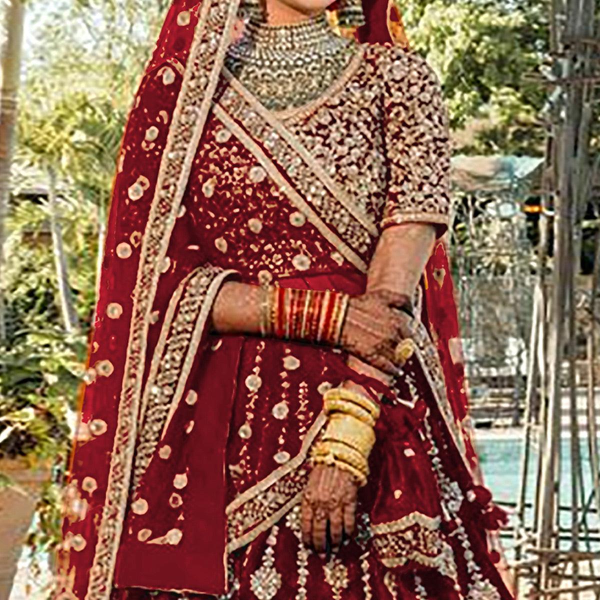 Maroon Wedding Wear Embroidered With Embellished Velvet Lehenga Choli - Peachmode