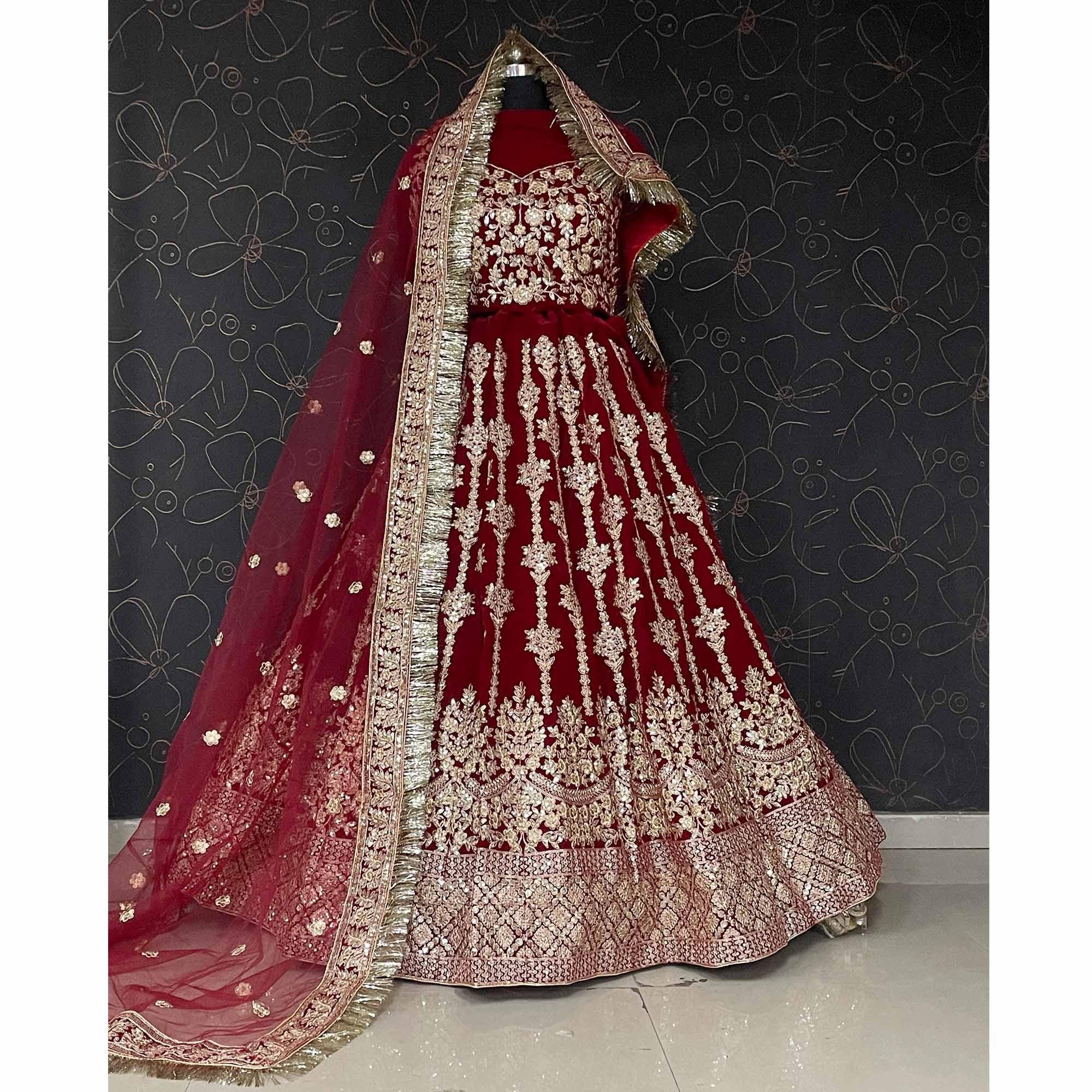 Maroon Wedding Wear Embroidered With Embellished Velvet Lehenga Choli - Peachmode