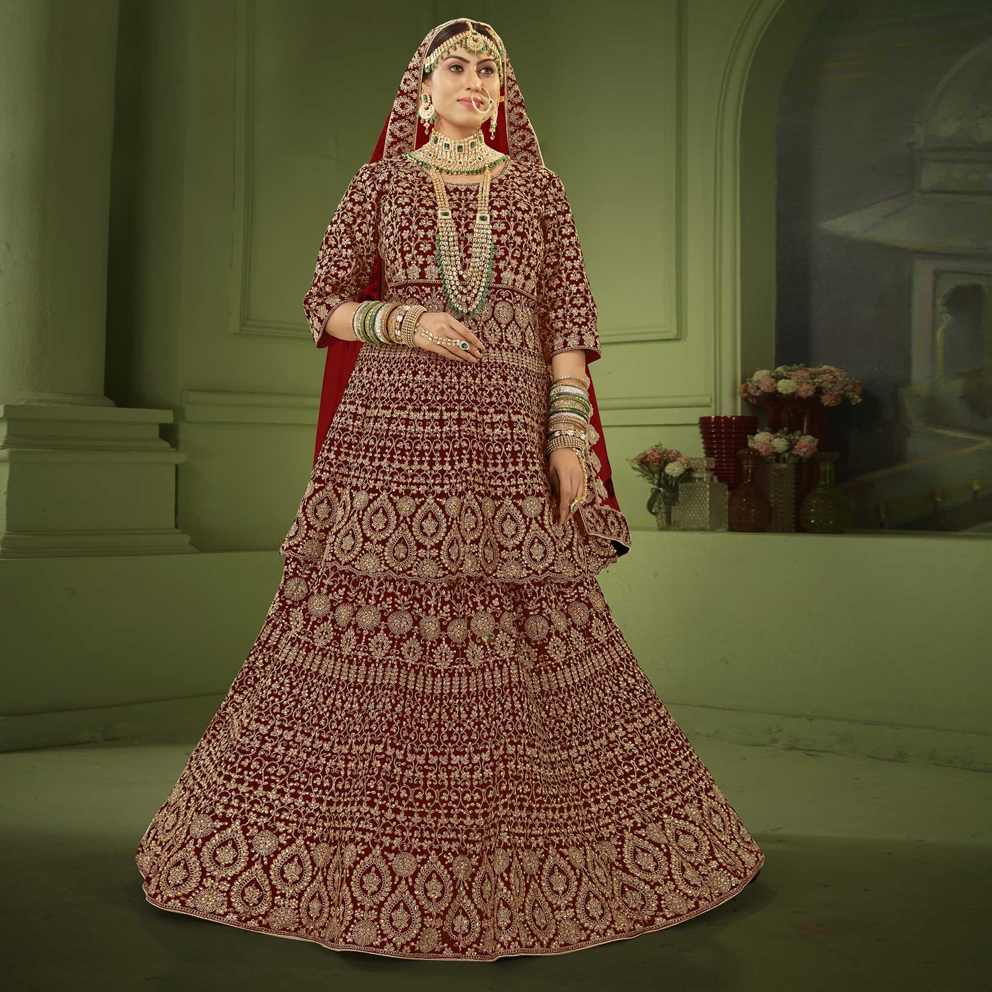 Maroon Wedding Wear Floral Coding Embroidery With Stone Velvet Lehenga Choli - Peachmode